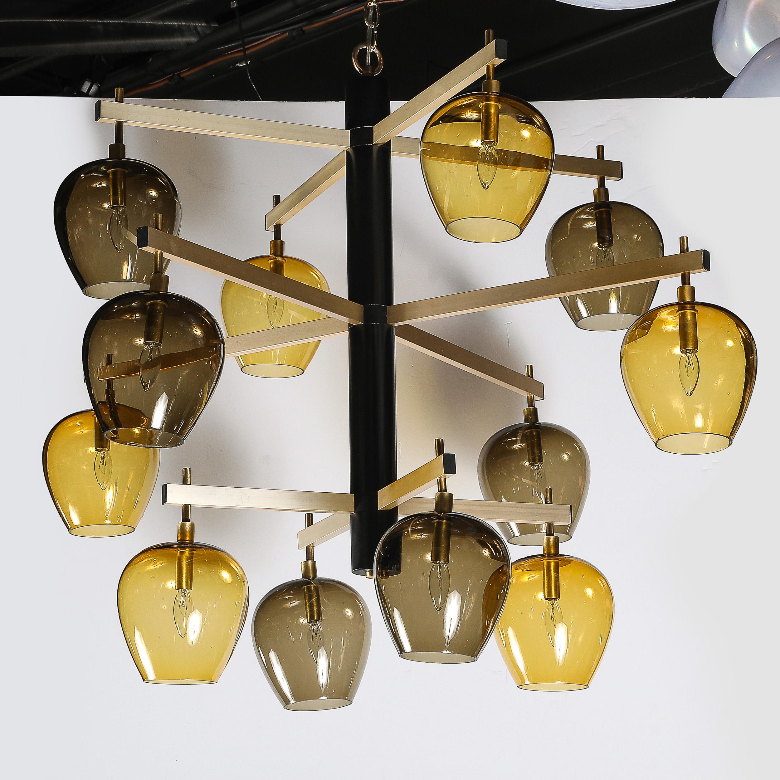Mid-Century  3-Tier  Chandelier in Amber & Smoked Glass Shades by Lightolier For Sale 5