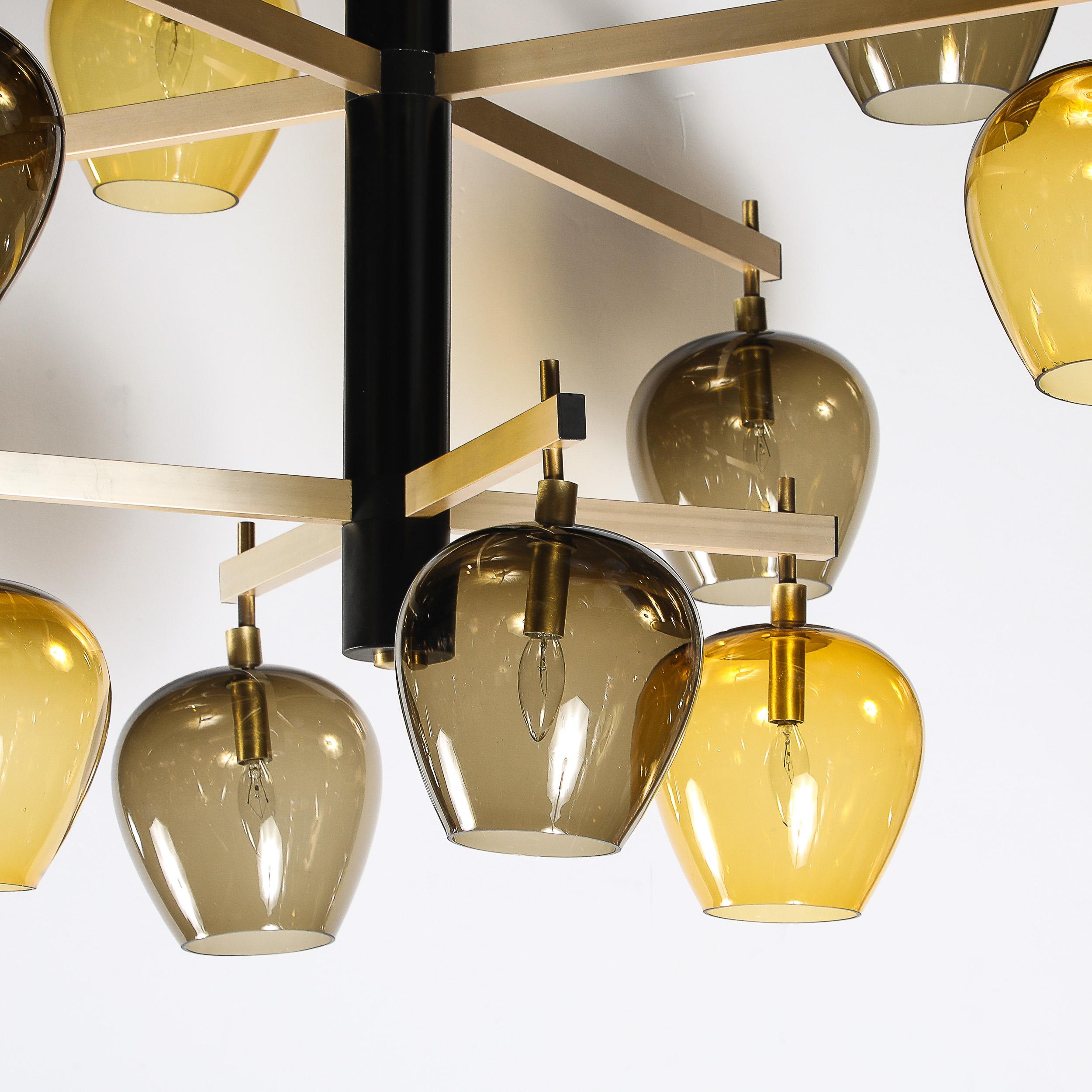 Mid-Century  3-Tier  Chandelier in Amber & Smoked Glass Shades by Lightolier For Sale 6