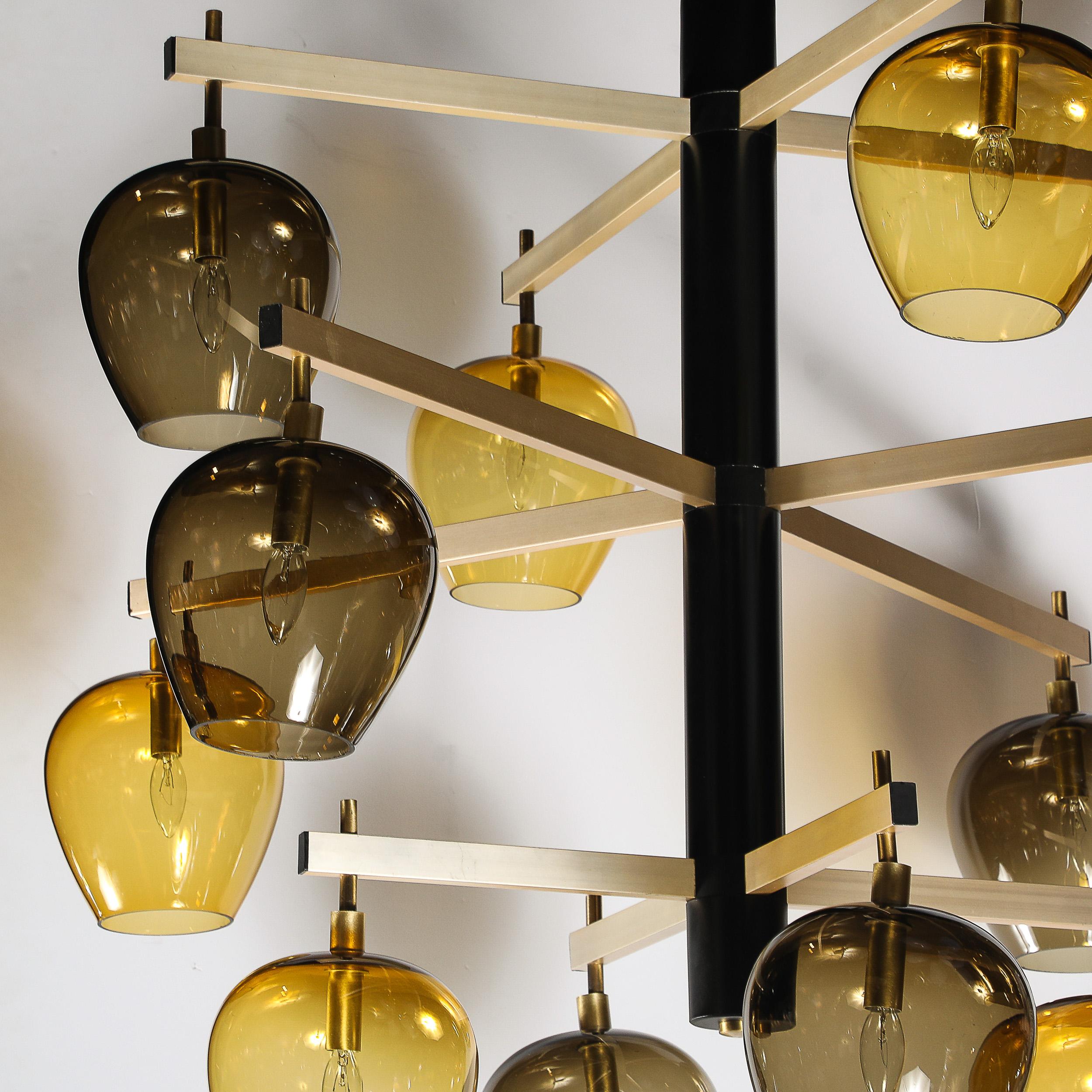 Mid-Century  3-Tier  Chandelier in Amber & Smoked Glass Shades by Lightolier For Sale 8