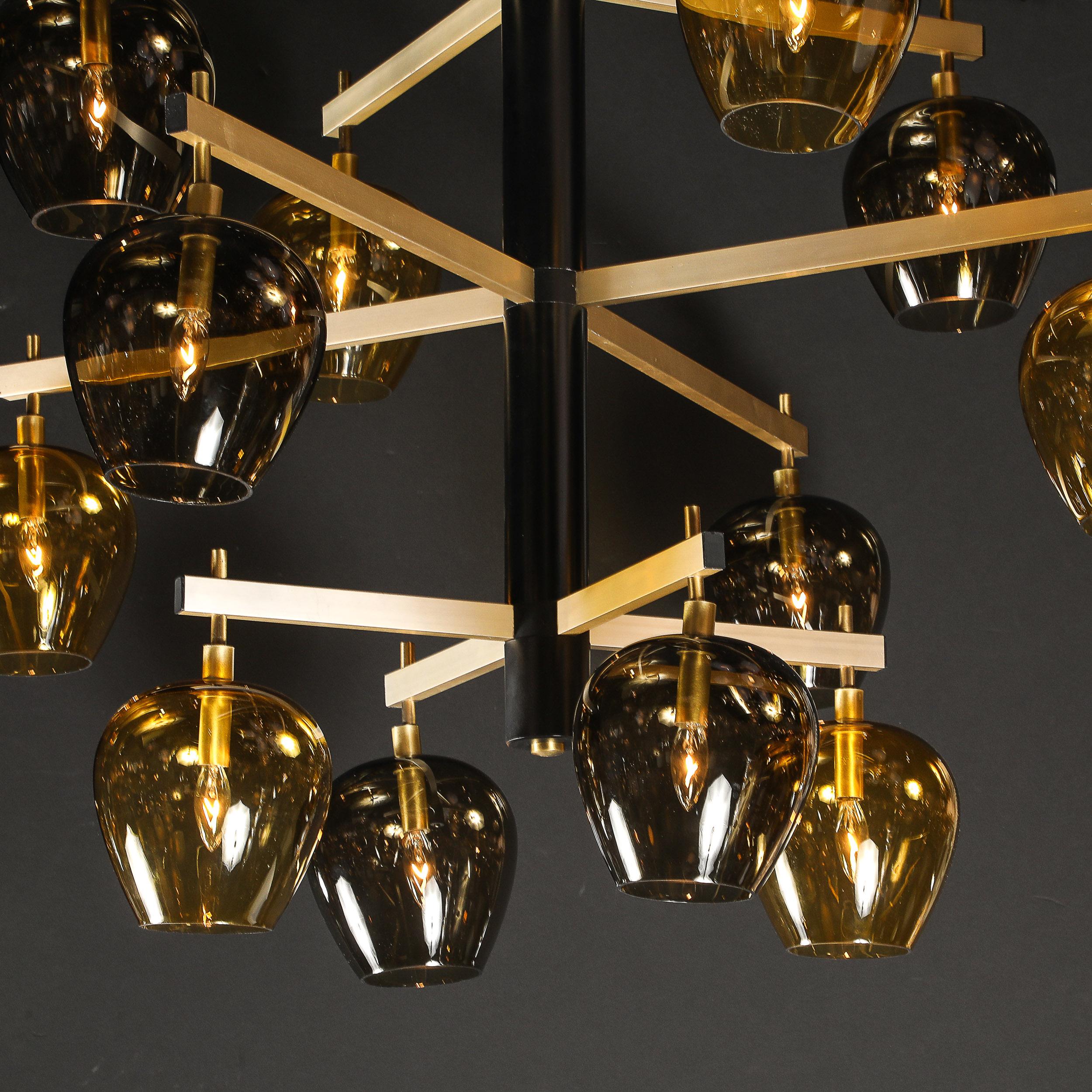 Mid-Century  3-Tier  Chandelier in Amber & Smoked Glass Shades by Lightolier For Sale 9