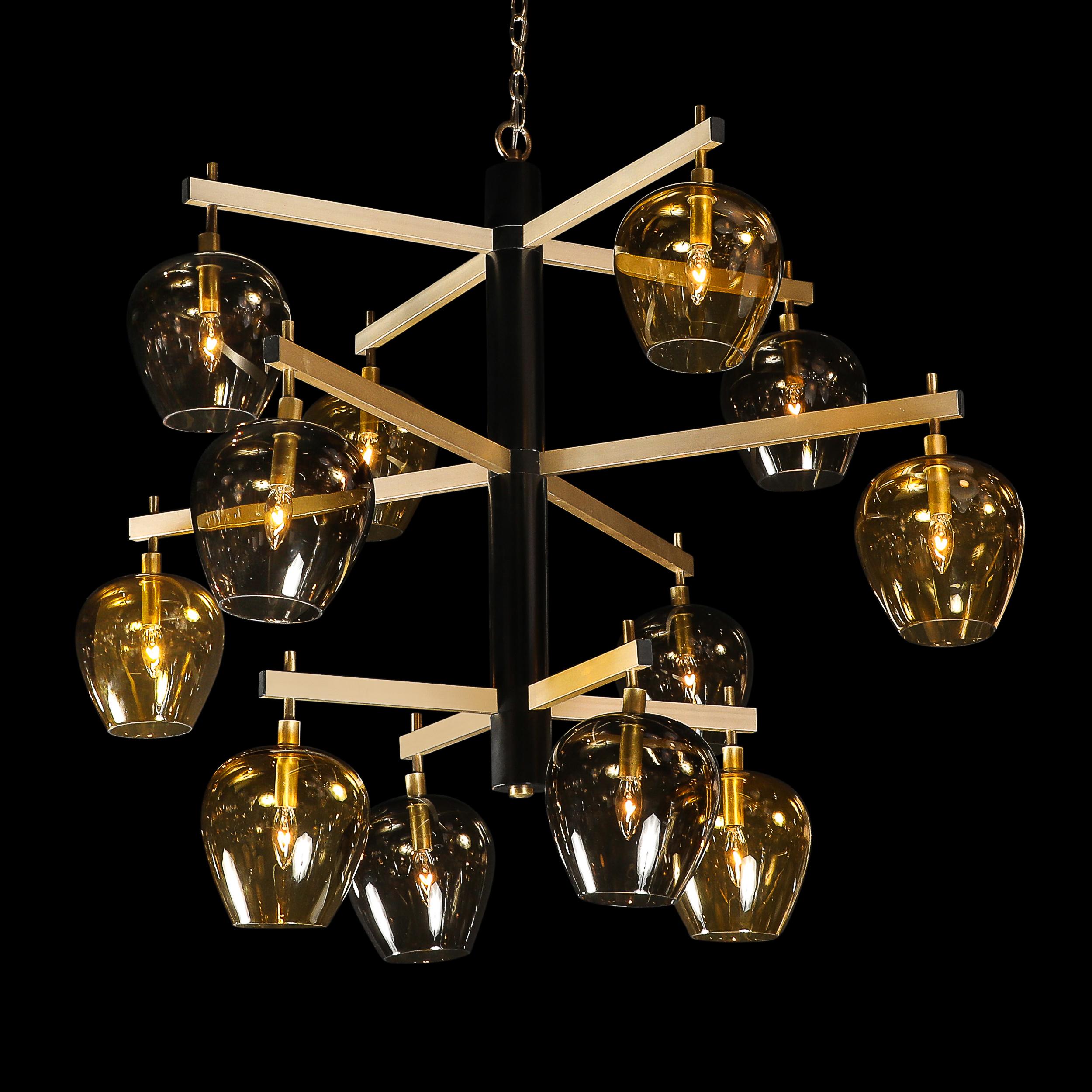 Mid-Century  3-Tier  Chandelier in Amber & Smoked Glass Shades by Lightolier For Sale 12