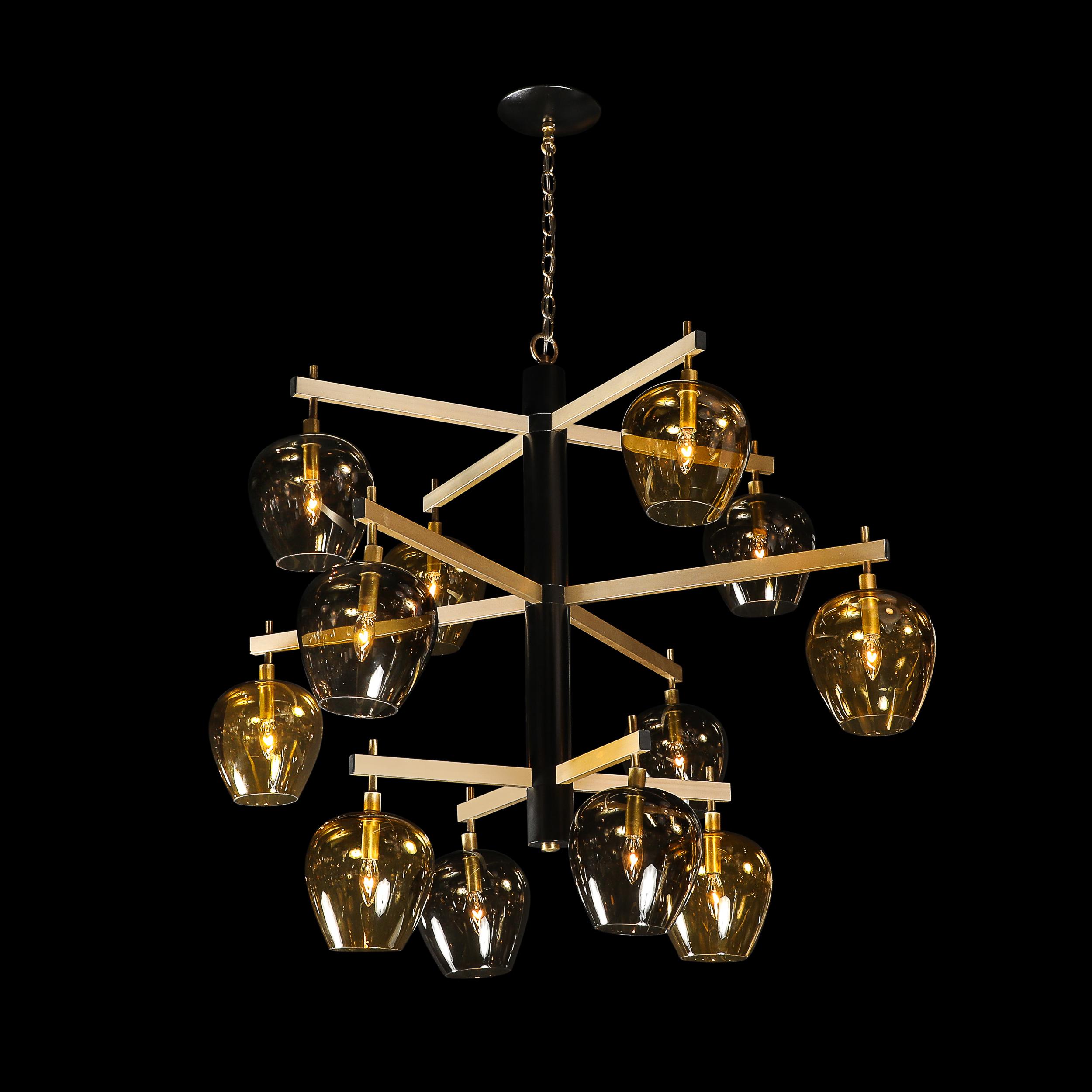 Mid-Century  3-Tier  Chandelier in Amber & Smoked Glass Shades by Lightolier For Sale 13