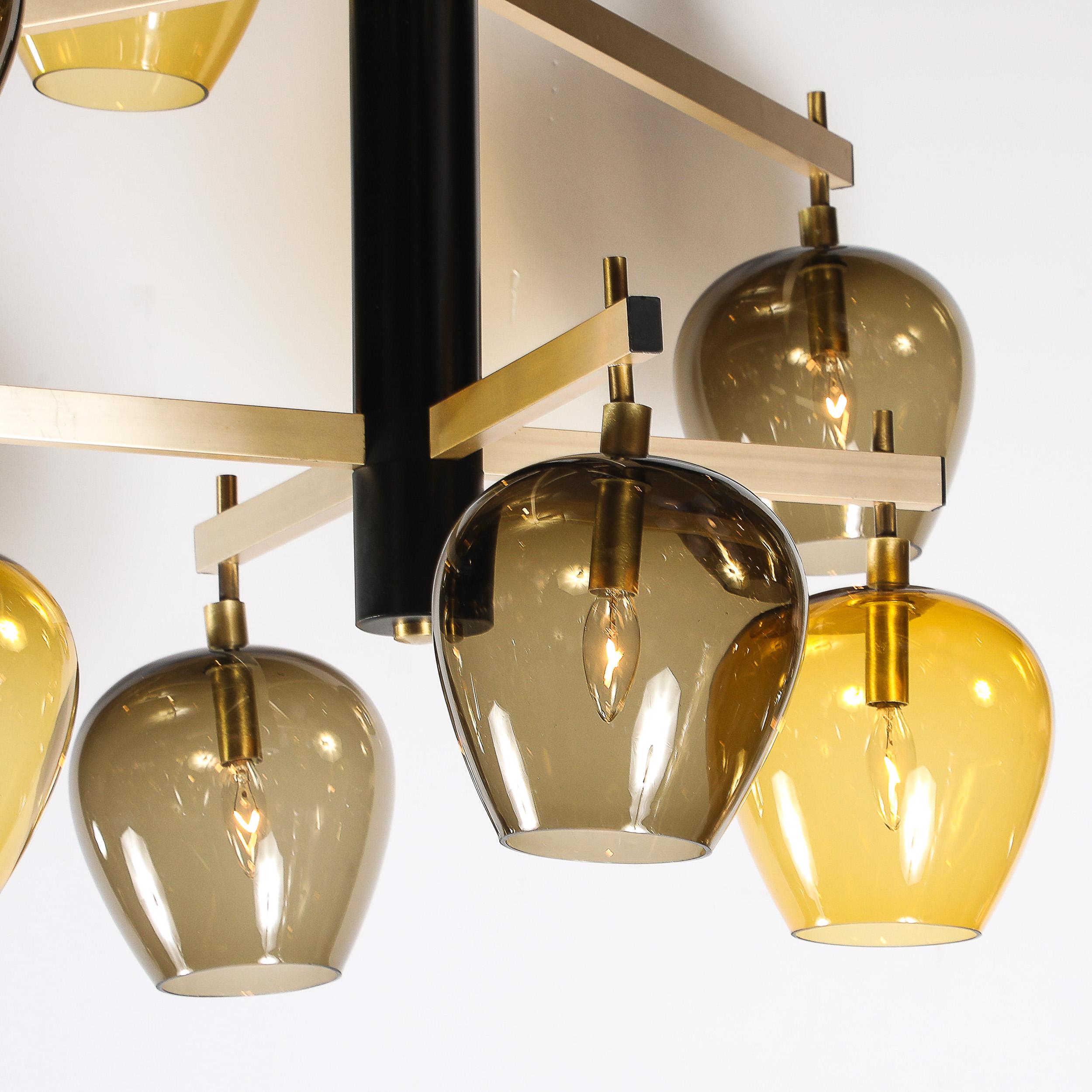 American Mid-Century  3-Tier  Chandelier in Amber & Smoked Glass Shades by Lightolier For Sale