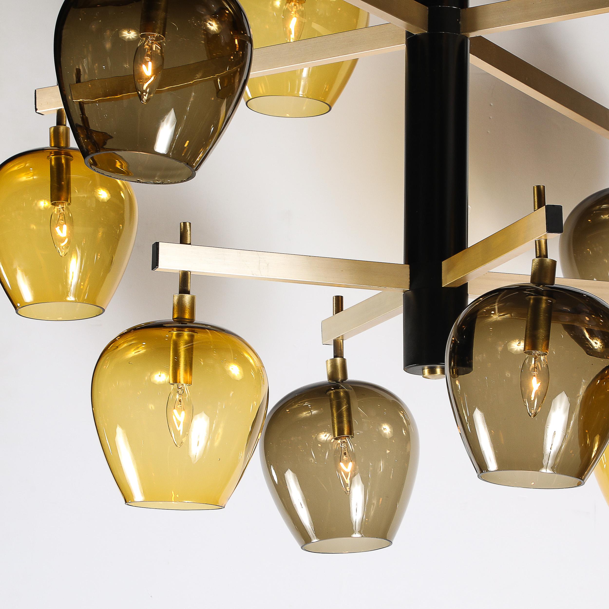 Mid-Century  3-Tier  Chandelier in Amber & Smoked Glass Shades by Lightolier In Excellent Condition For Sale In New York, NY