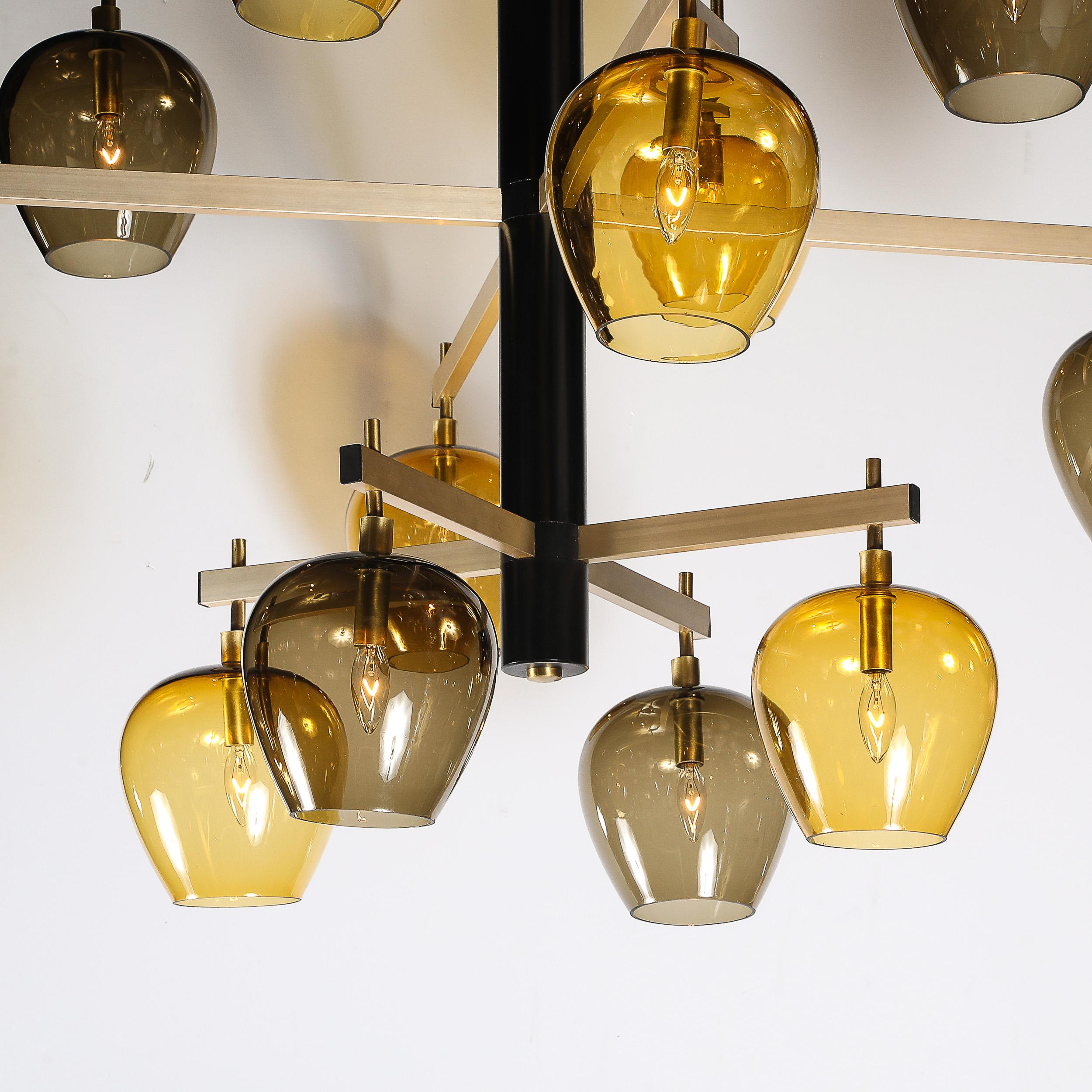 Late 20th Century Mid-Century  3-Tier  Chandelier in Amber & Smoked Glass Shades by Lightolier For Sale