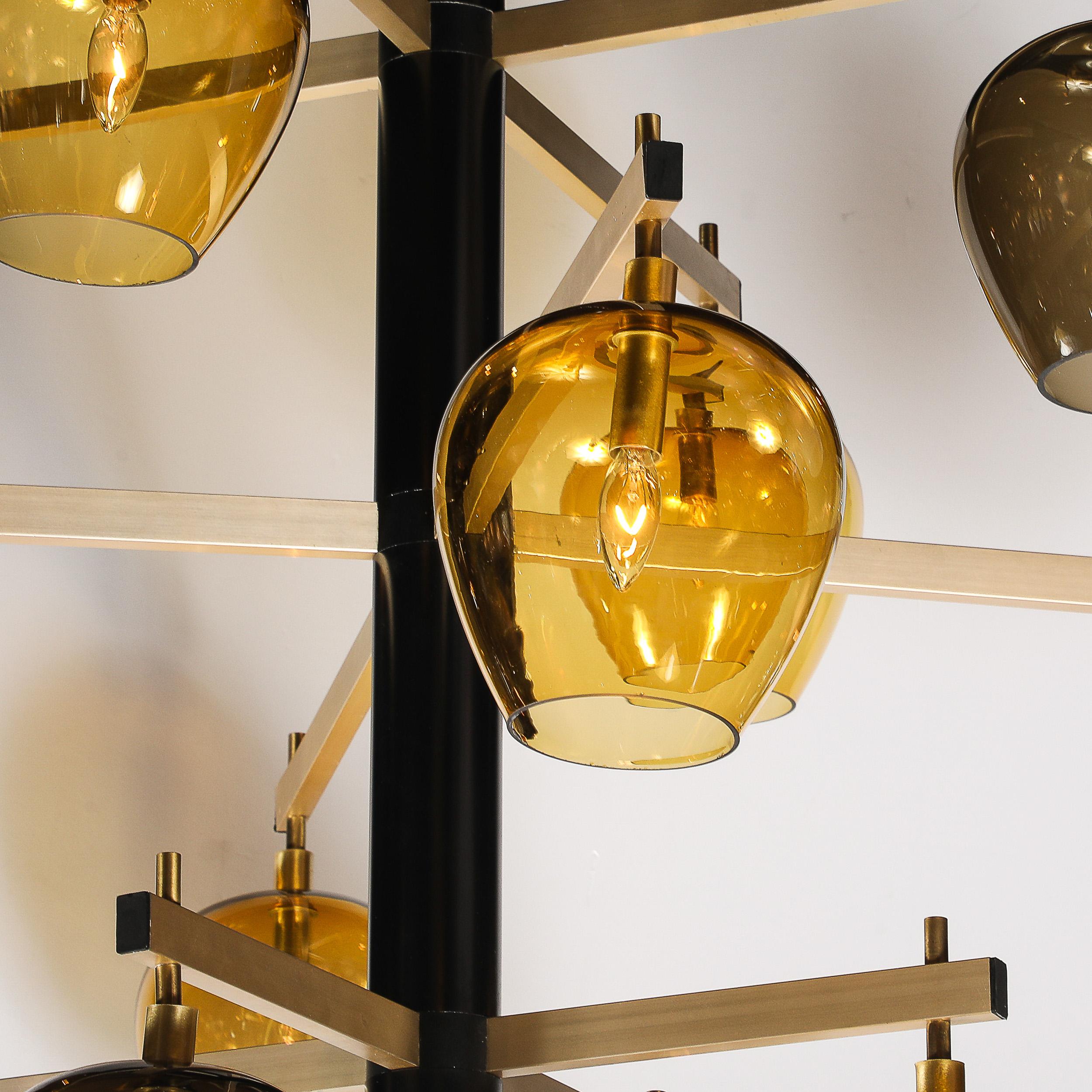 Brass Mid-Century  3-Tier  Chandelier in Amber & Smoked Glass Shades by Lightolier For Sale