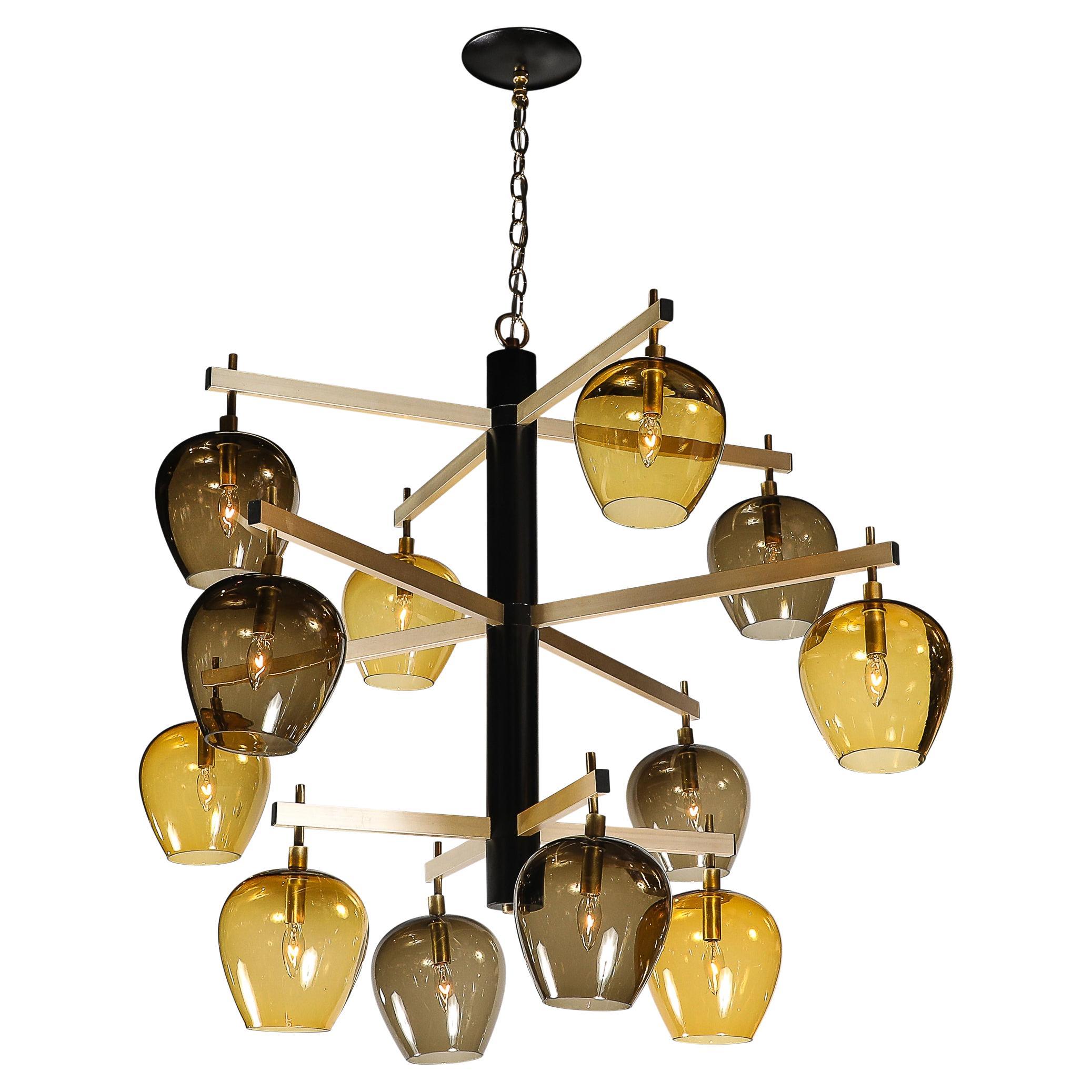 Mid-Century  3-Tier  Chandelier in Amber & Smoked Glass Shades by Lightolier For Sale