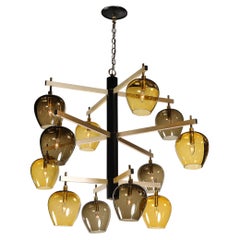 Mid-Century  3-Tier  Chandelier in Amber & Smoked Glass Shades by Lightolier