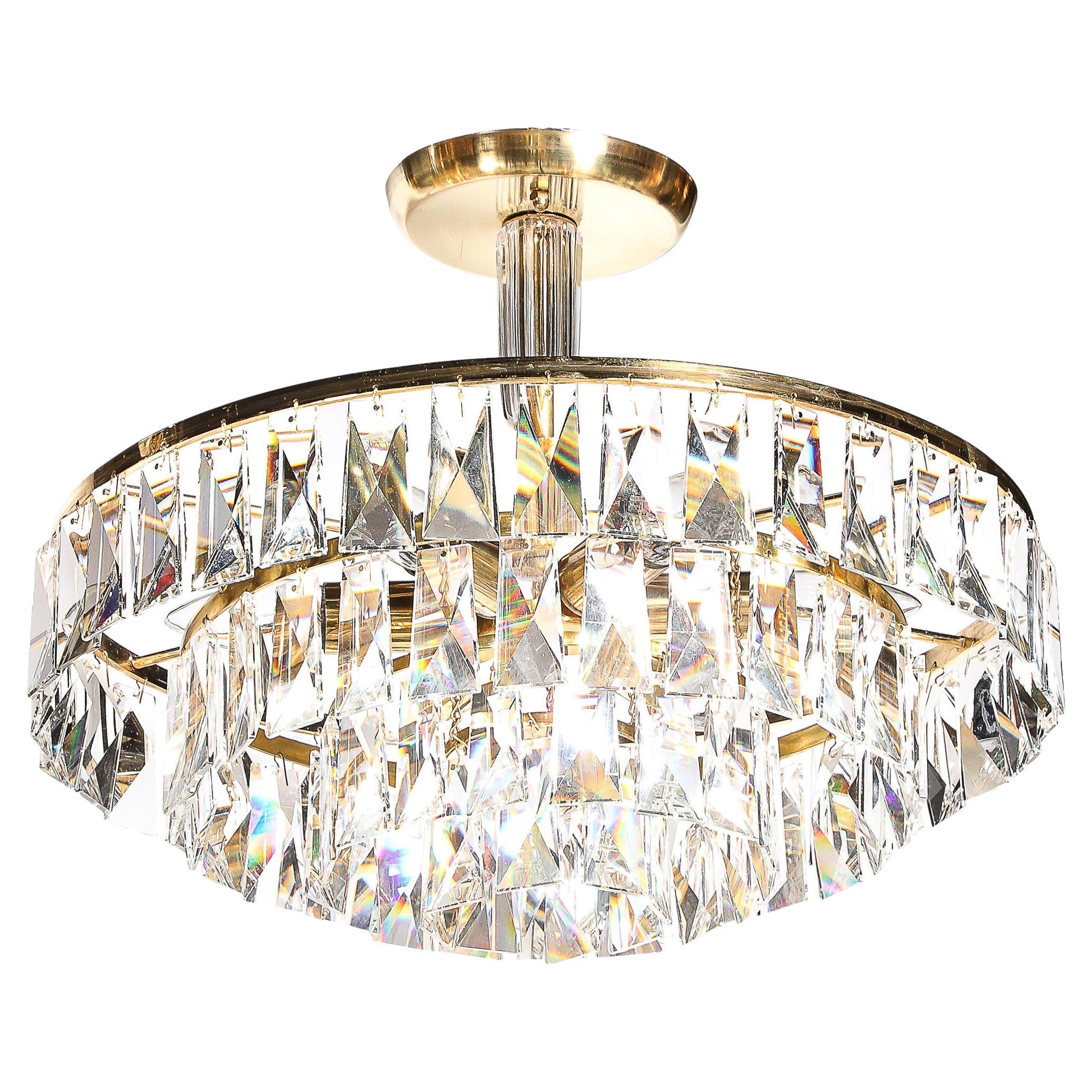 Mid-Century 3-Tier Faceted & Cut Crystal Chandelier in Brass w/ Glass Rod Detail
