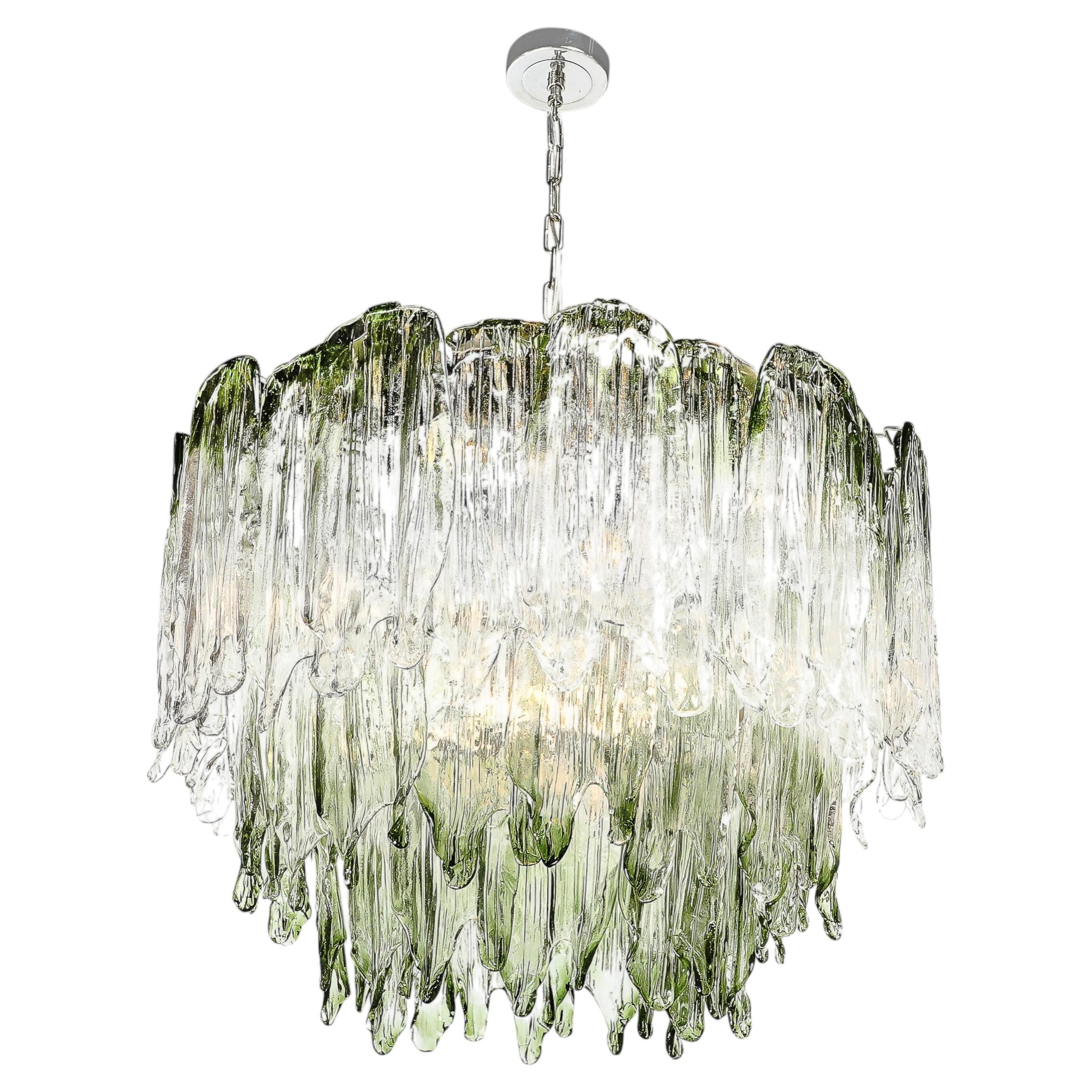 Mid-Century 3-Tier Hand-Blown Murano Green Glass Fiamme Chandelier by Mazzega
