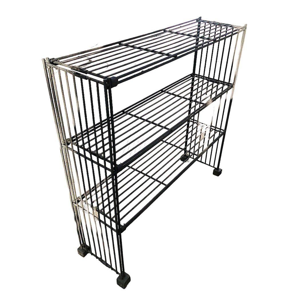Original Mid-Century iron wire 3-tier art display shelf bookshelf each featuring a welding frame made from hundreds of black iron rods sculpted into a geometric shape. The cubist-like shape rests on 4 square wooden feet.

The infusion of black iron