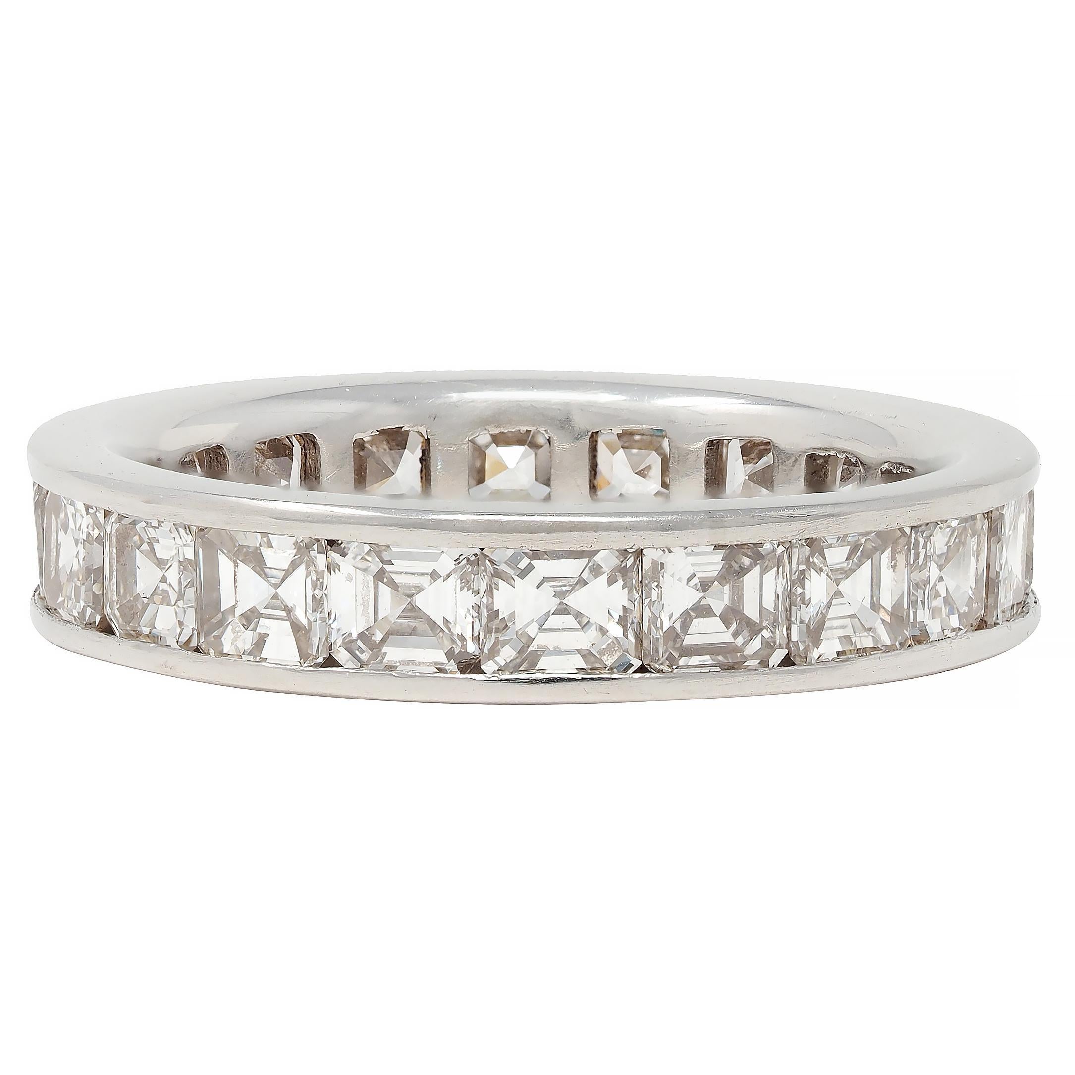 Women's or Men's Mid-Century 3.00 CTW Emerald Cut Diamond Platinum Vintage Eternity Band Ring For Sale