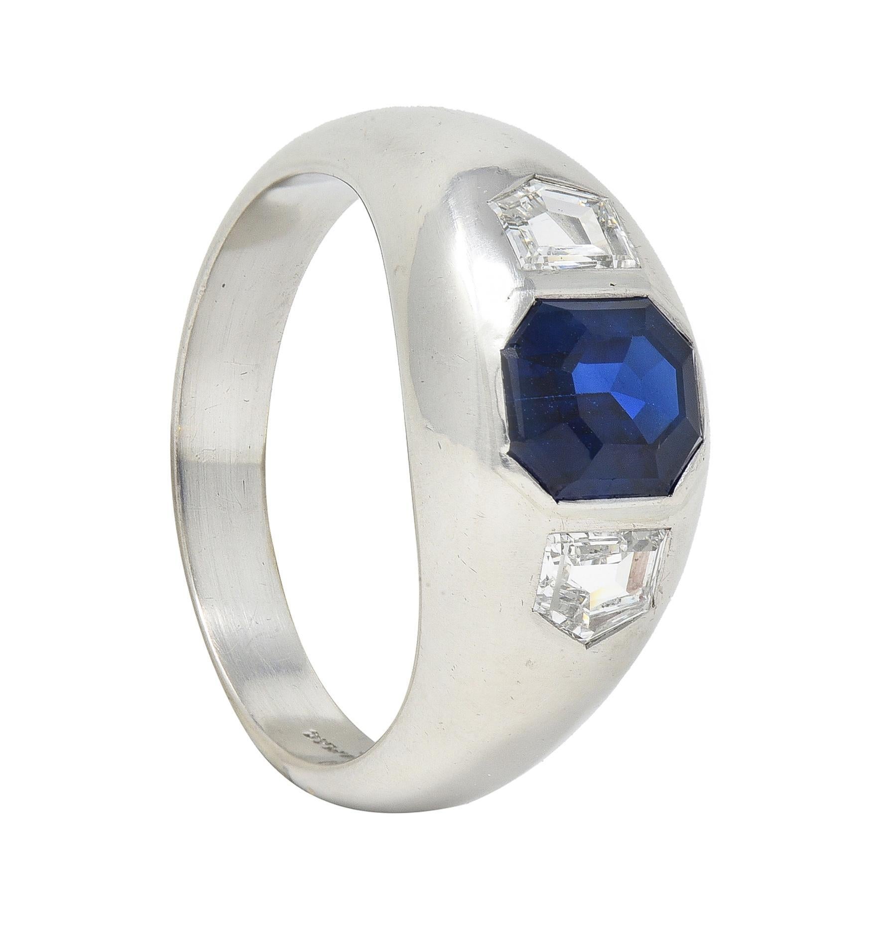 Mid-Century 3.07 CTW No Heat Sapphire Diamond Platinum Three Stone Ring GIA For Sale 5