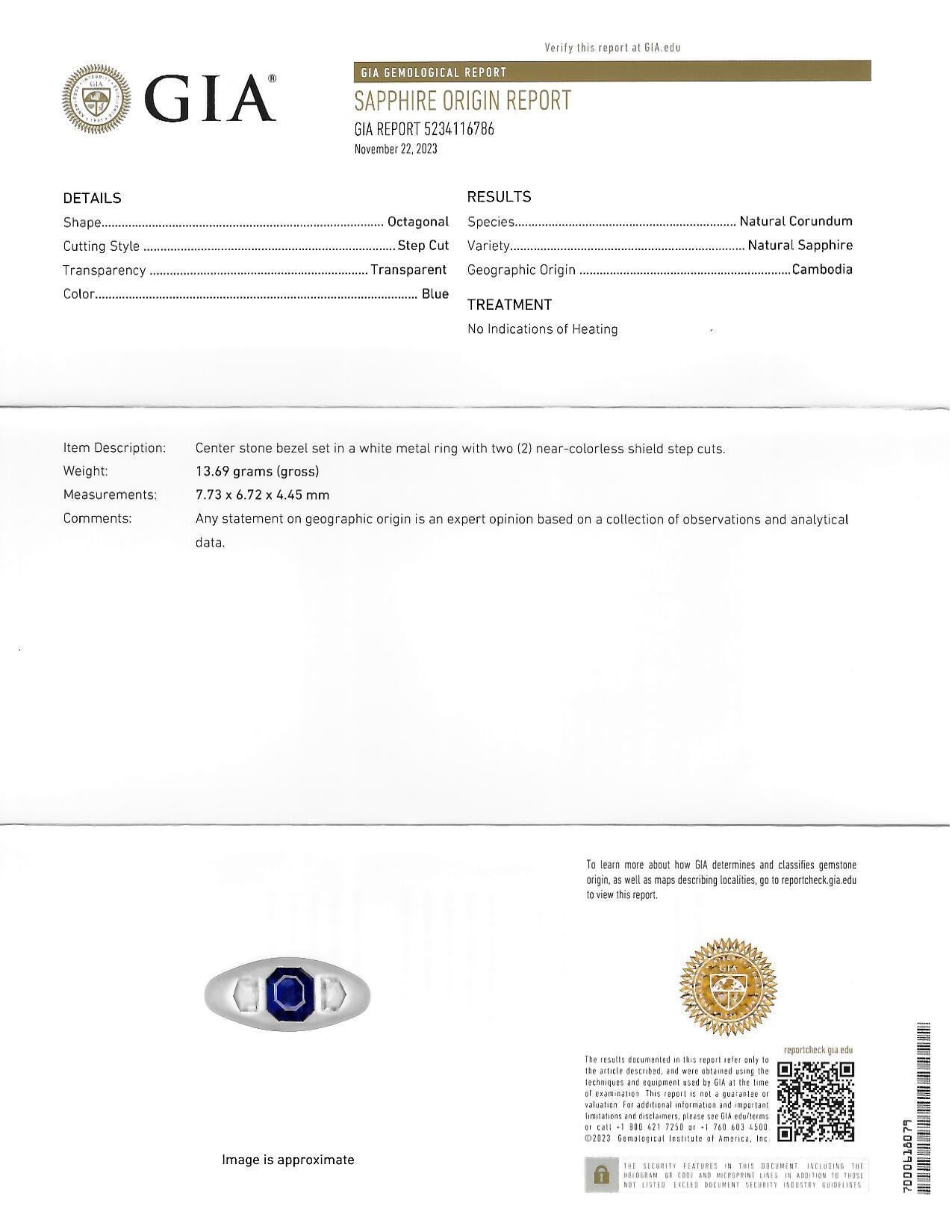 Mid-Century 3.07 CTW No Heat Sapphire Diamond Platinum Three Stone Ring GIA For Sale 6