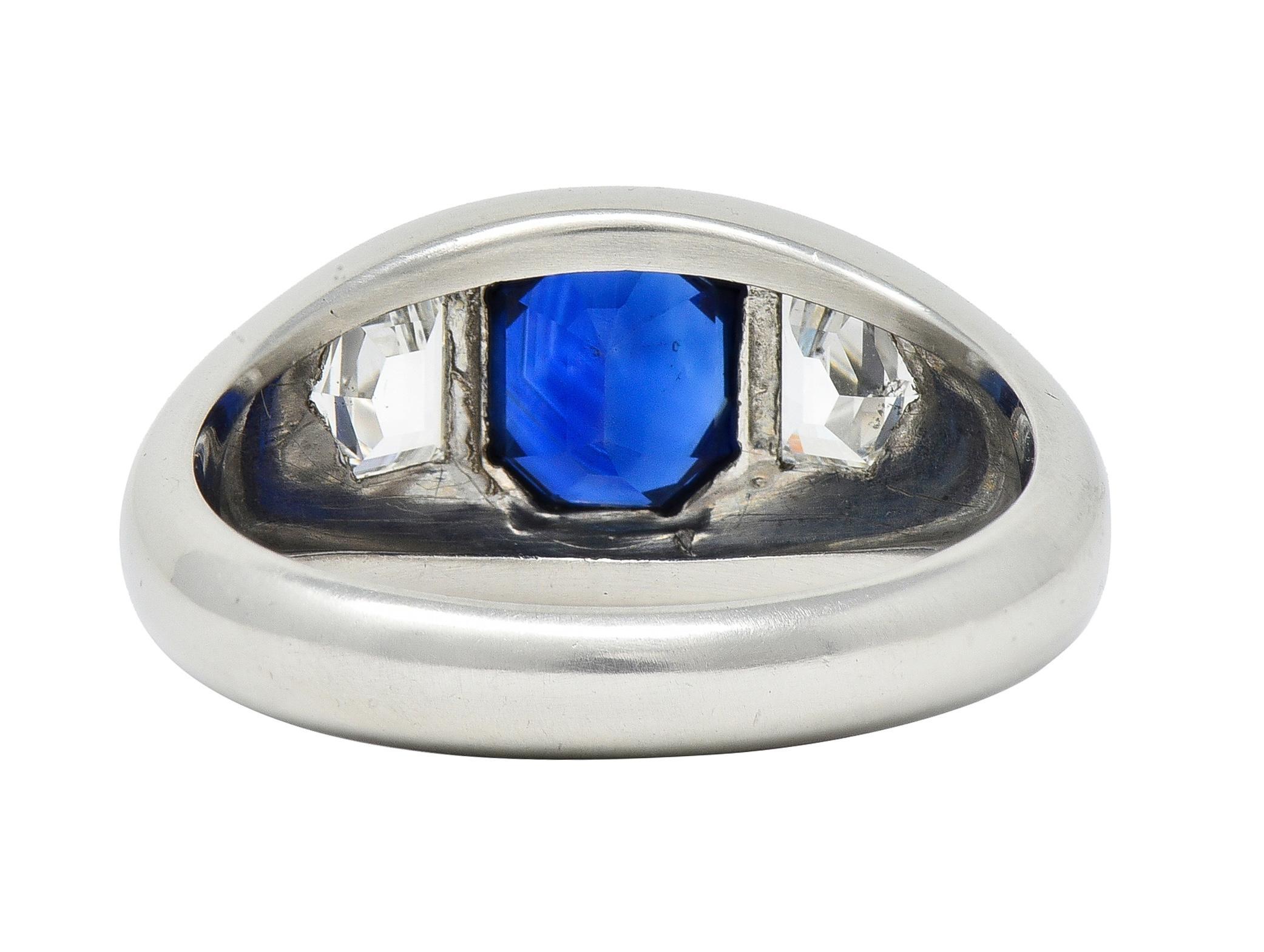 Octagon Cut Mid-Century 3.07 CTW No Heat Sapphire Diamond Platinum Three Stone Ring GIA For Sale