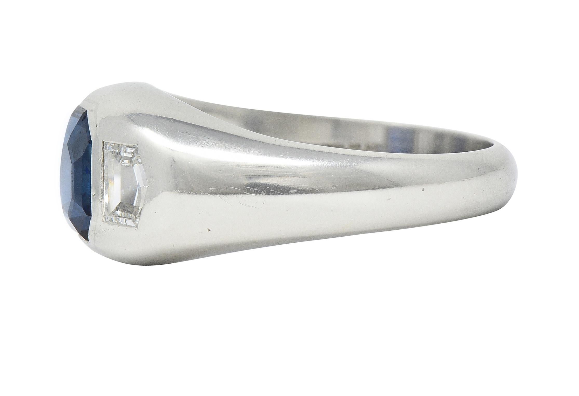 Mid-Century 3.07 CTW No Heat Sapphire Diamond Platinum Three Stone Ring GIA In Excellent Condition For Sale In Philadelphia, PA
