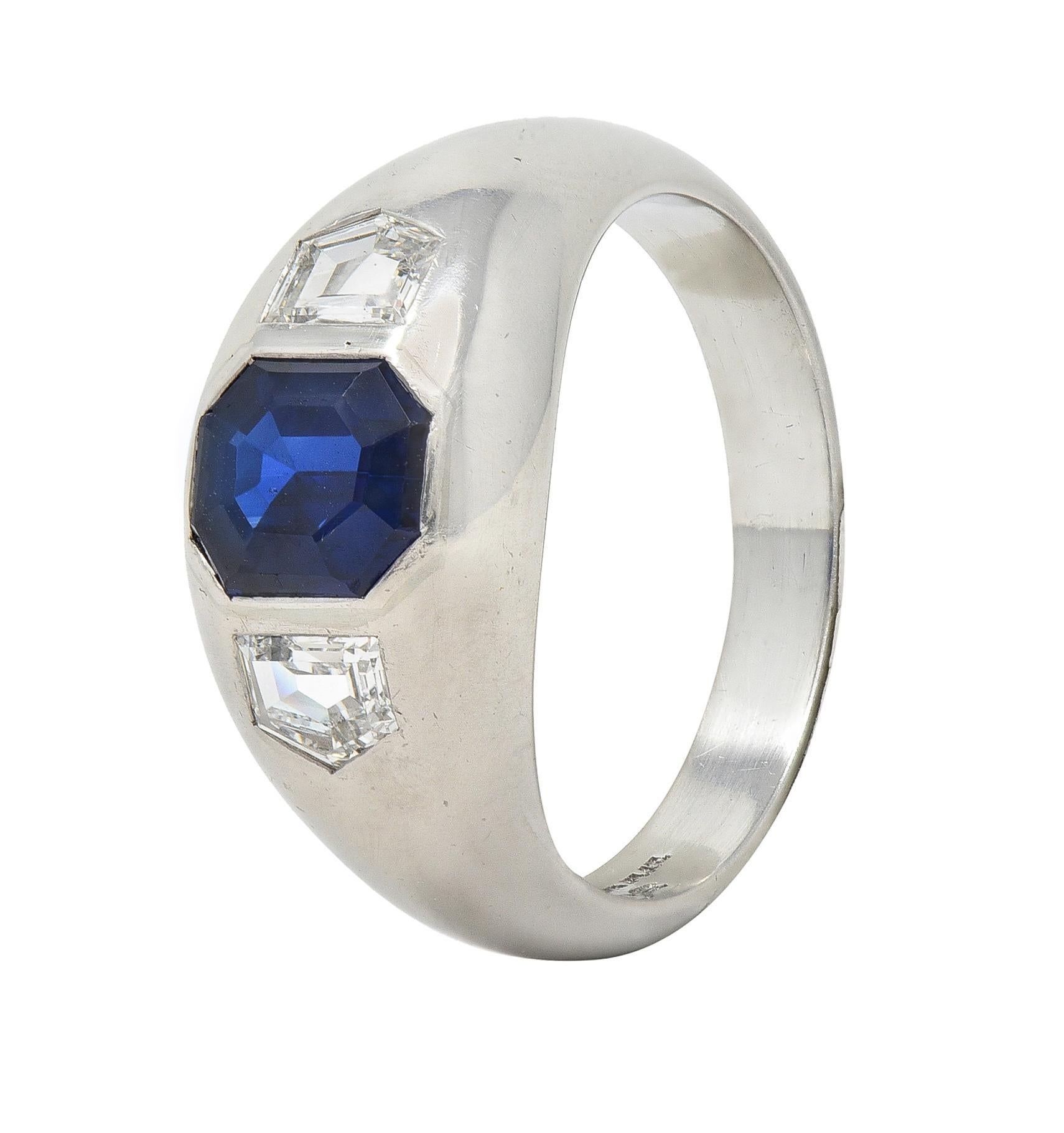 Mid-Century 3.07 CTW No Heat Sapphire Diamond Platinum Three Stone Ring GIA For Sale 2