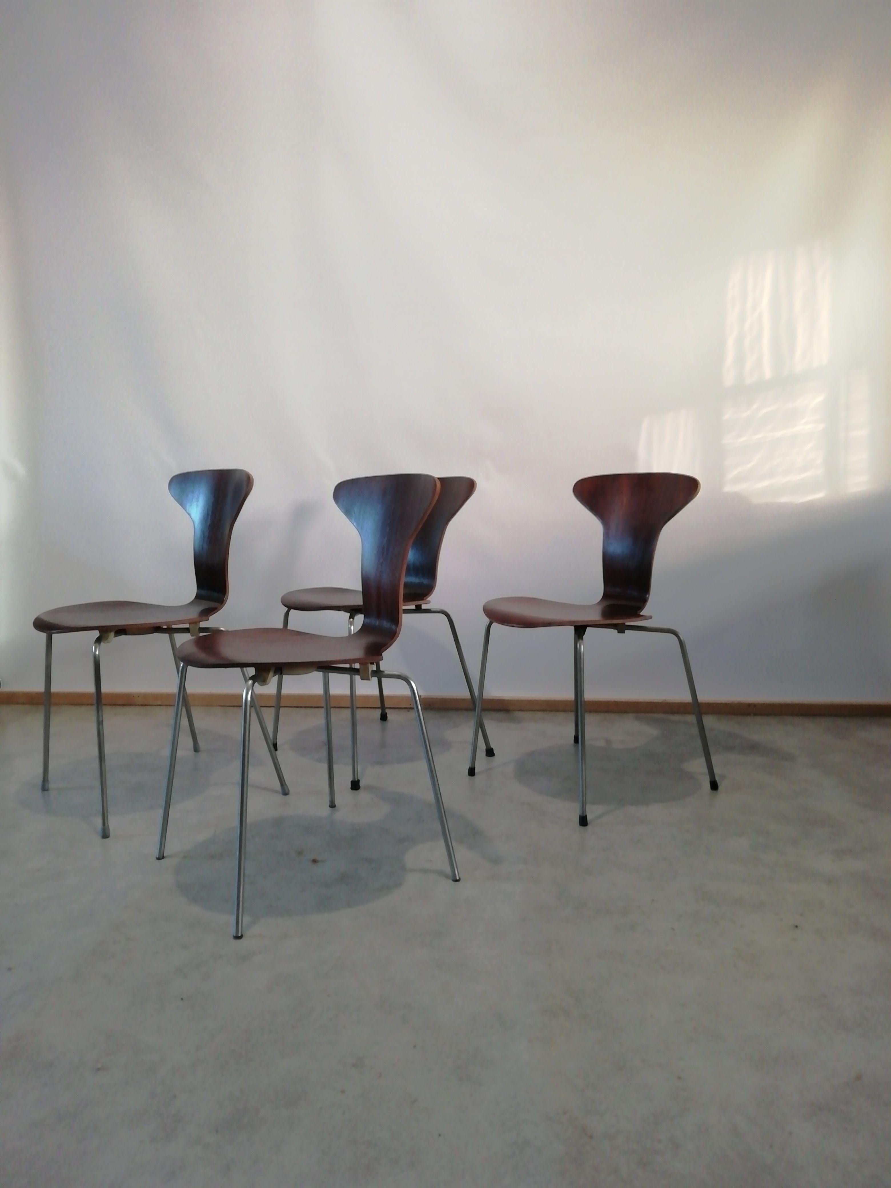 Set of 4 teak 'Mosquito' model no. 3105 chairs designed by Arne Jacobsen for Fritz Hansen, Denmark in the 1950s. Chairs are stackable and made of bent laminated plywood finished in teak veneer. Supported by sturdy chrome legs and original plastic