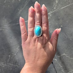 Mid-Century 3.24 CTW Diamond Turquoise 18K White Gold Vintage Wire Halo Ring