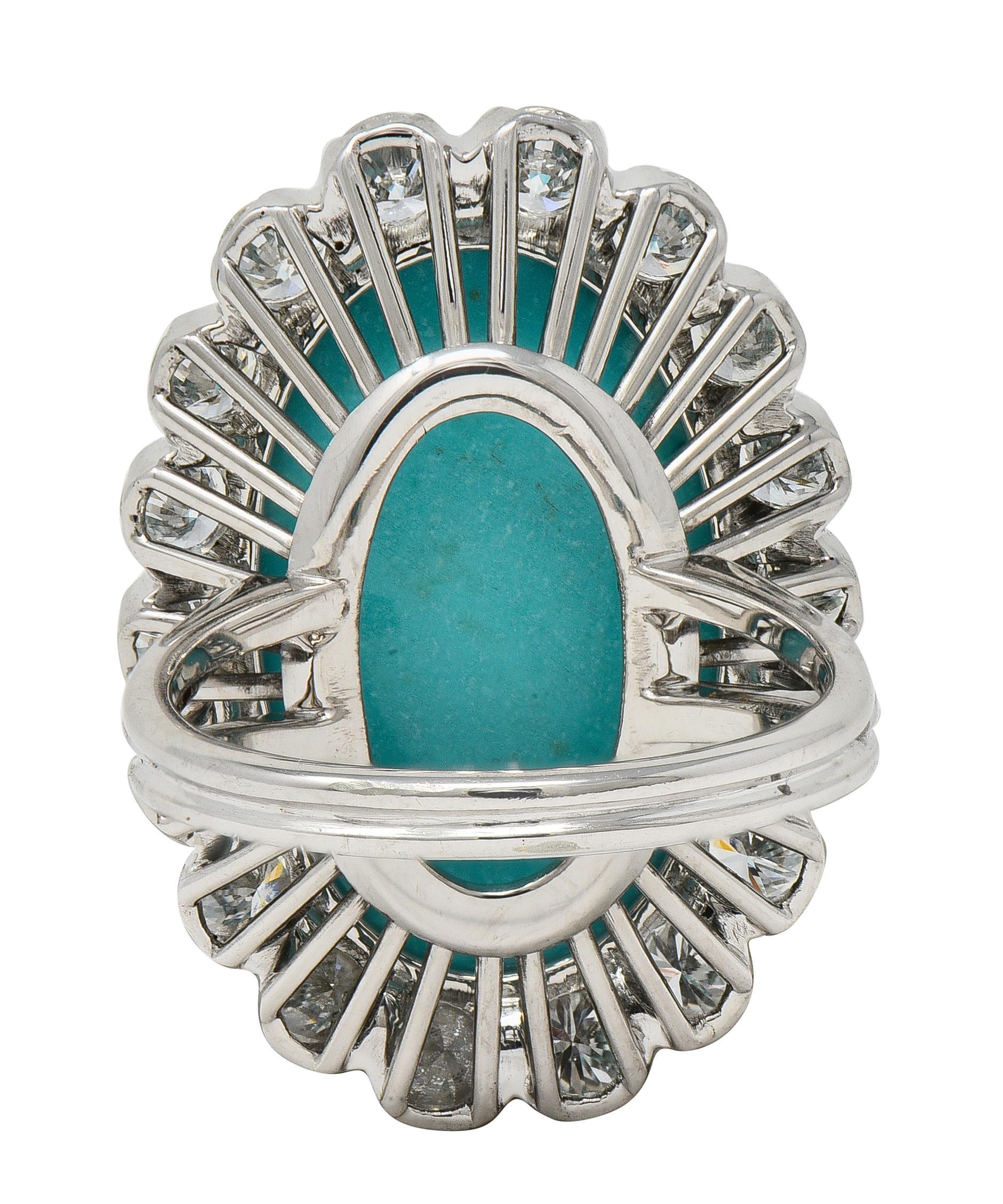 Mid-Century 3,24 CTW Diamant Türkis 18K Weißgold Vintage Wire Halo Ring (Cabochon) im Angebot