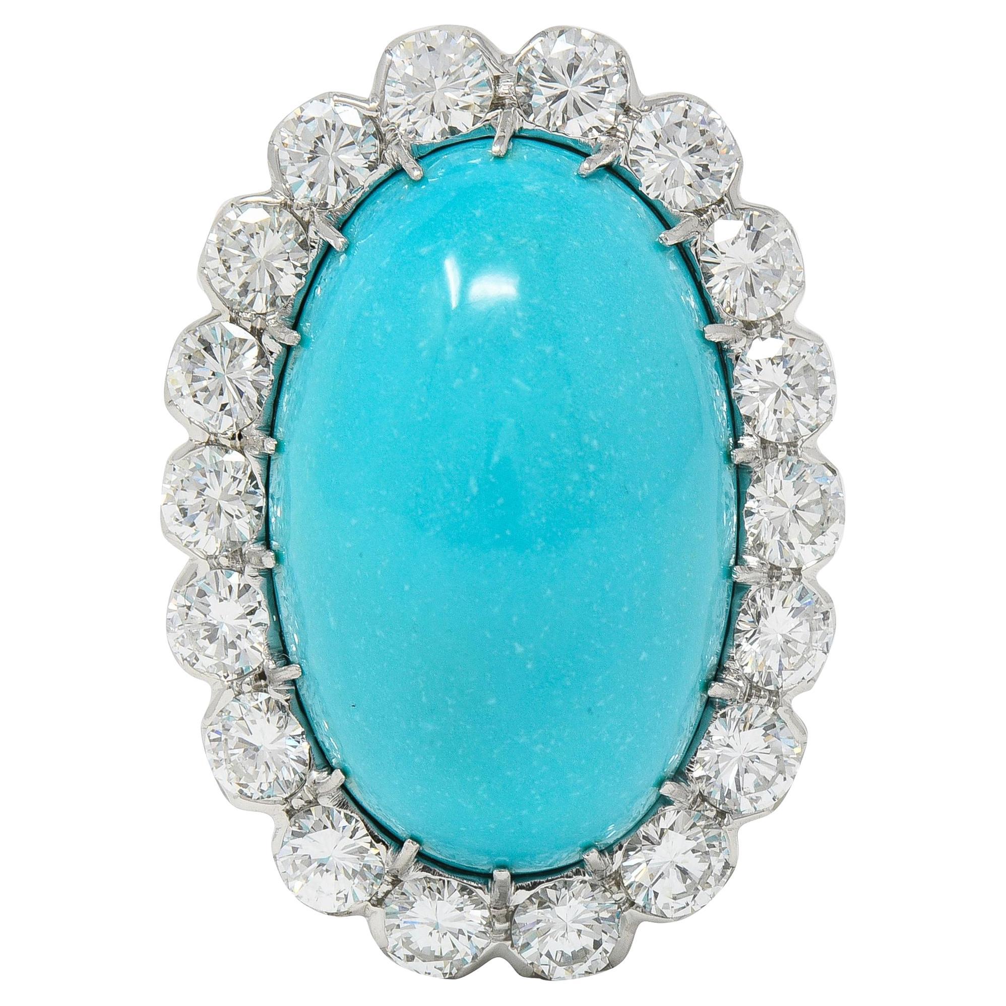 Mid-Century 3.24 CTW Diamond Turquoise 18K White Gold Vintage Wire Halo Ring