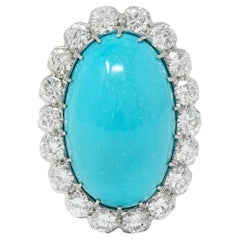 Mid-Century 3.24 CTW Diamond Turquoise 18K White Gold Vintage Wire Halo Ring