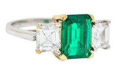 Midcentury 3.28 Carat Colombian Emerald Asscher Diamond 18 Karat Gold Ring AGL