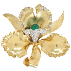 Medio Siglo 3.35 CTW Diamante Esmeralda Platino Oro 14K Broche Orquídea Vintage