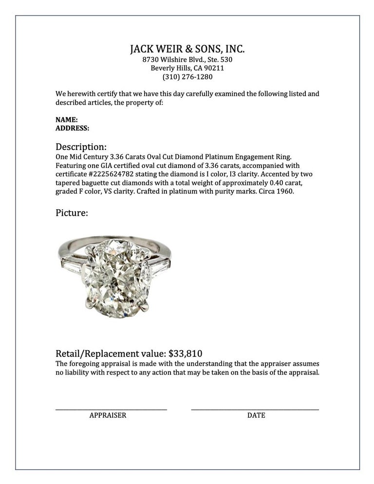 Mid Century 3.36 Carats Oval Cut Diamond Platinum Engagement Ring 4