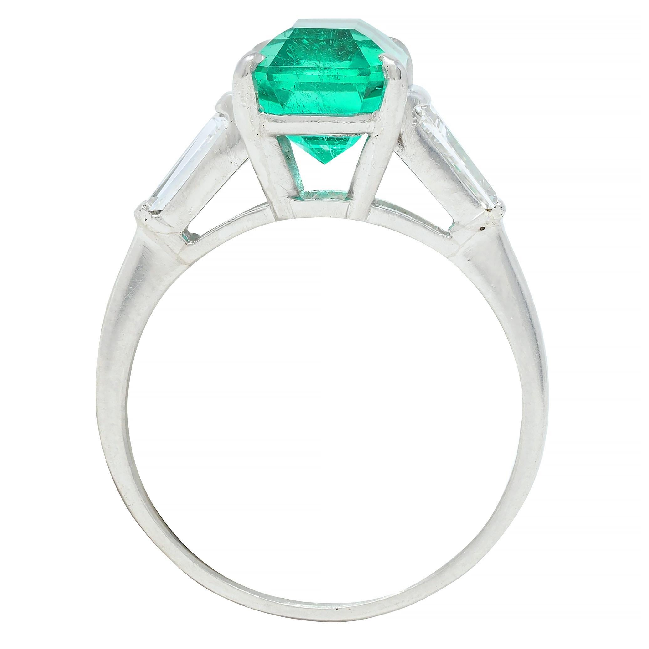 Mid-Century 3.43 CTW Colombian Emerald Diamond Platinum Three Stone Vintage Ring For Sale 5