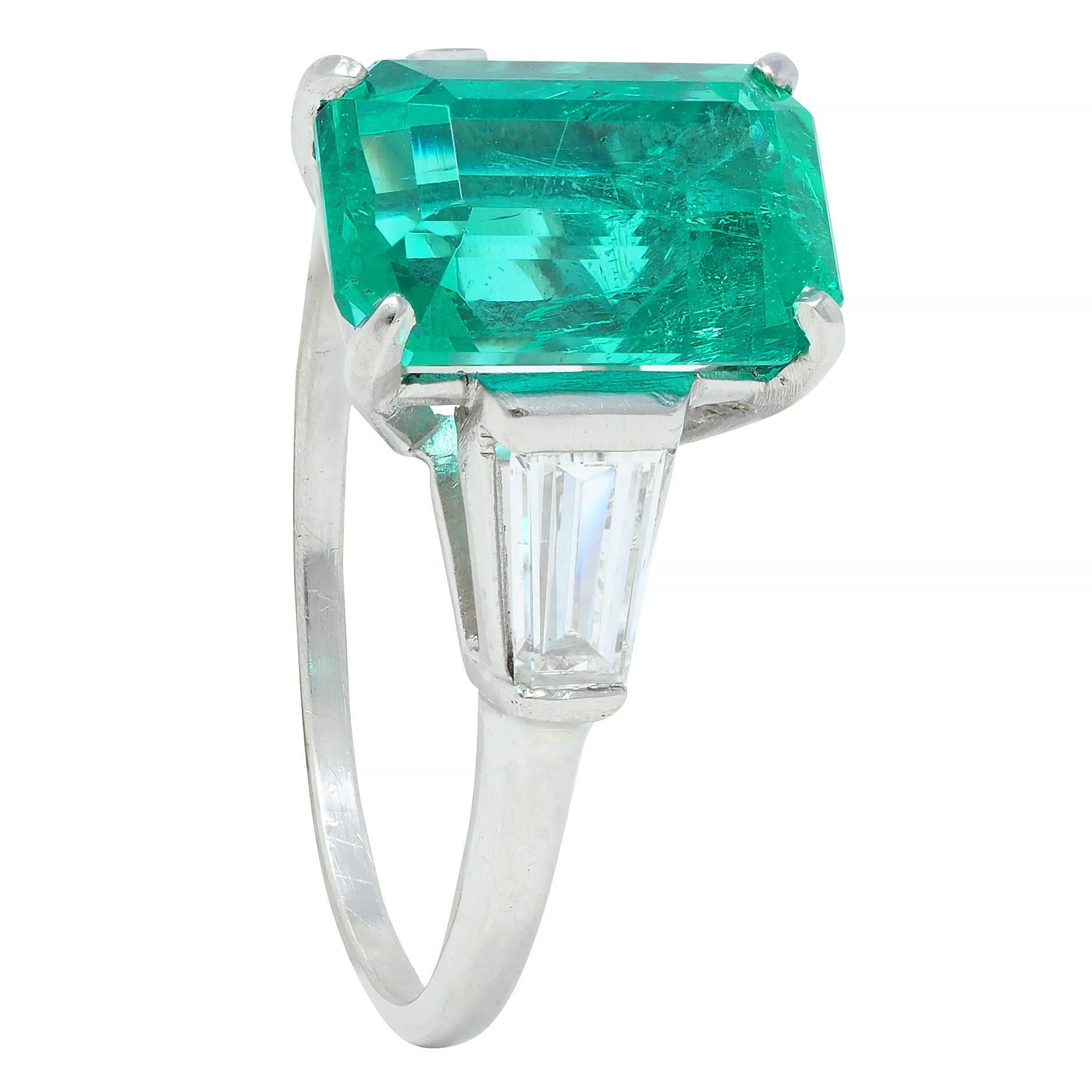 Mid-Century 3.43 CTW Colombian Emerald Diamond Platinum Three Stone Vintage Ring For Sale 6