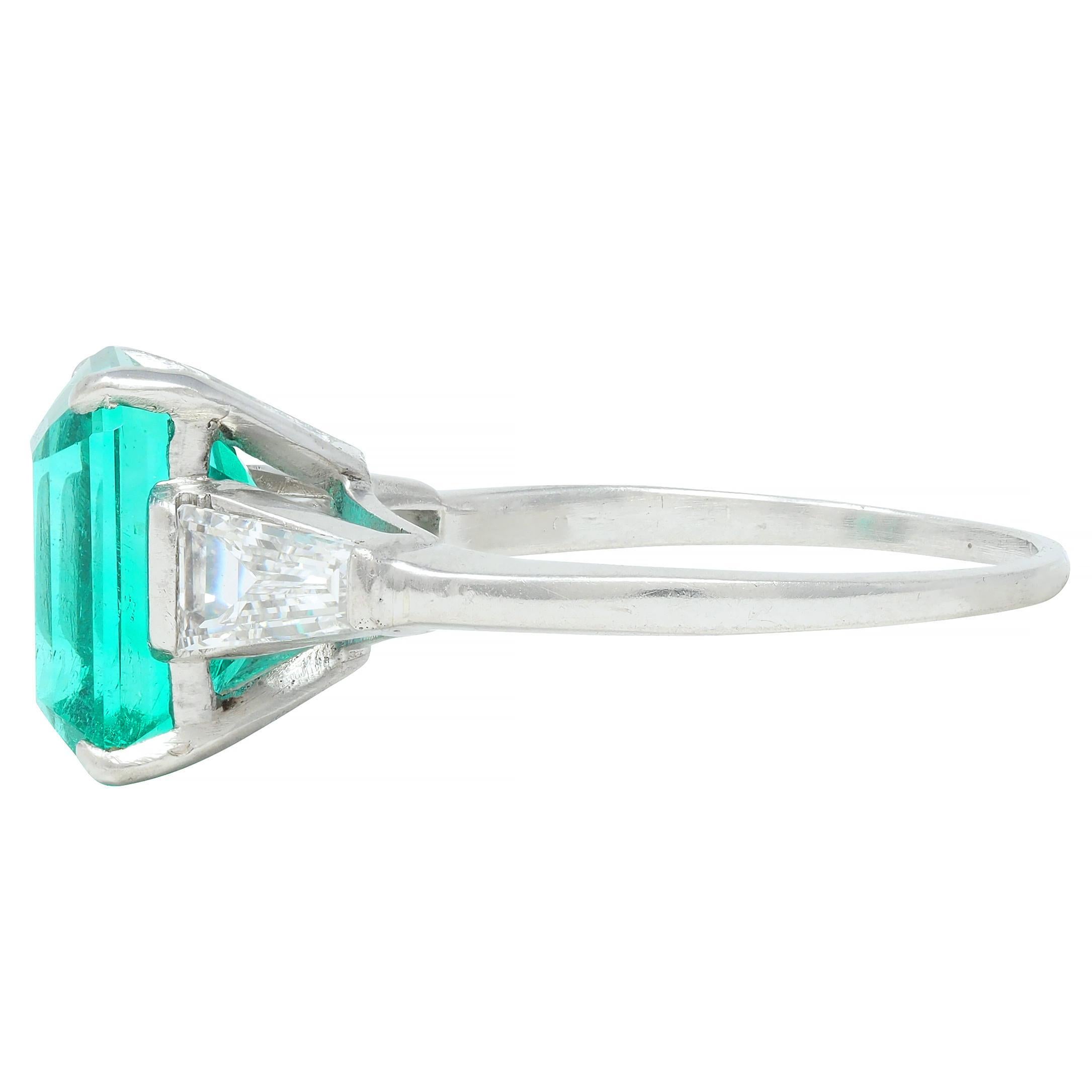 Mid-Century 3.43 CTW Colombian Emerald Diamond Platinum Three Stone Vintage Ring For Sale 1