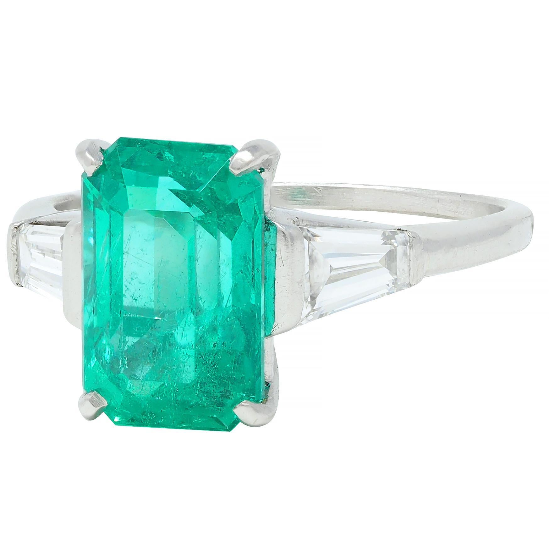 Mid-Century 3.43 CTW Colombian Emerald Diamond Platinum Three Stone Vintage Ring For Sale 2