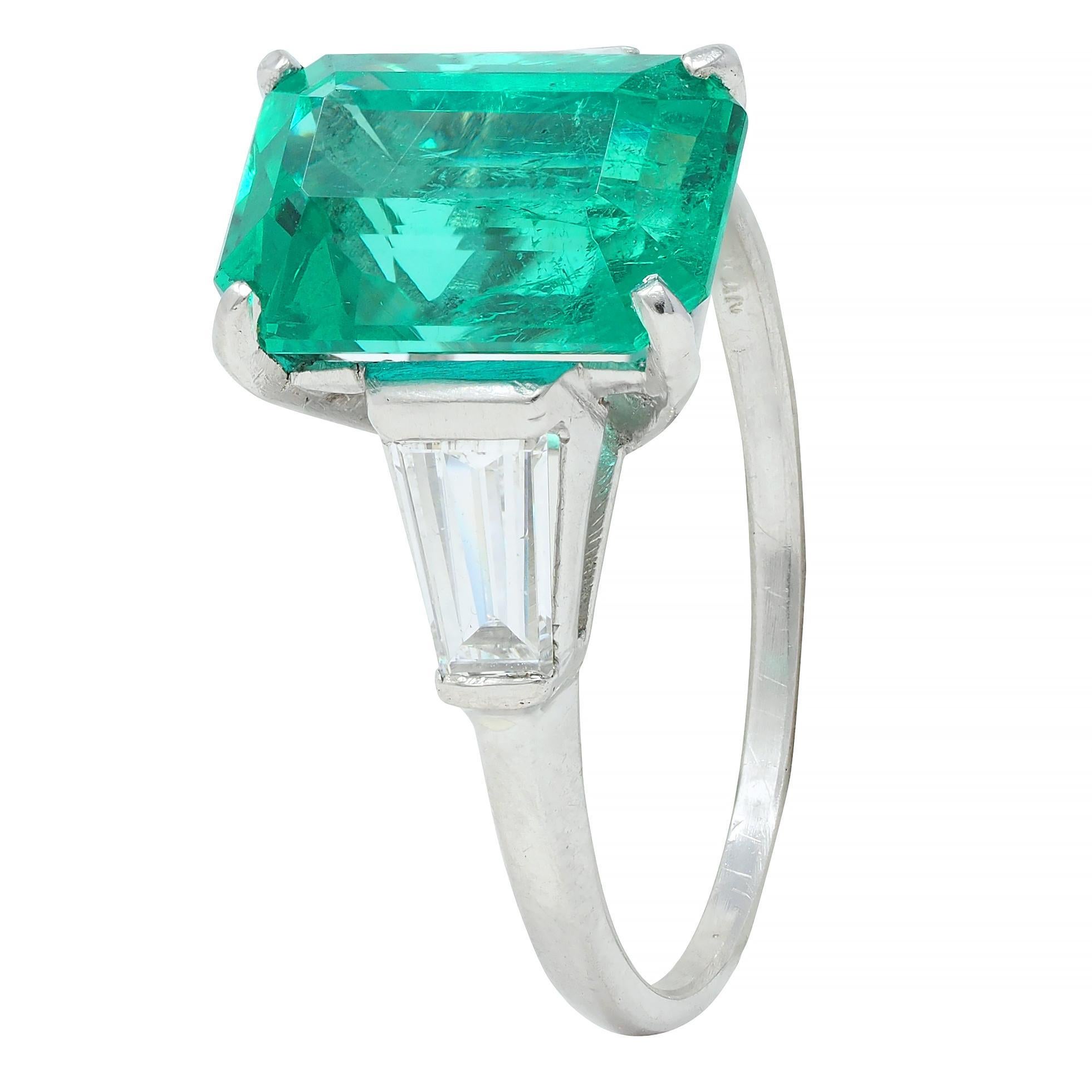 Mid-Century 3.43 CTW Colombian Emerald Diamond Platinum Three Stone Vintage Ring For Sale 3