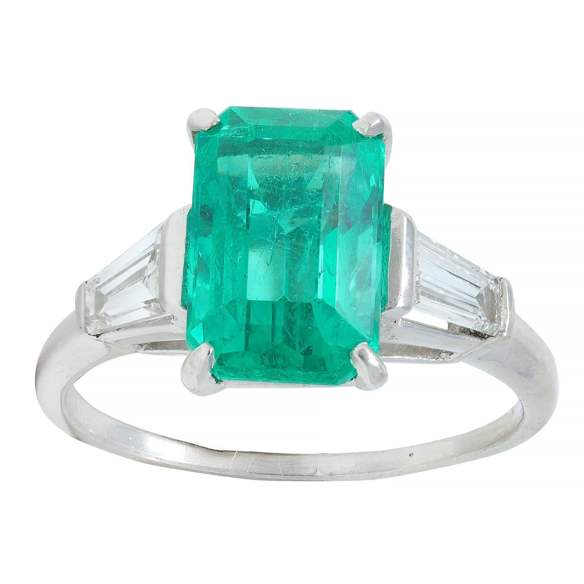 Mid-Century 3.43 CTW Colombian Emerald Diamond Platinum Three Stone Vintage Ring For Sale 4