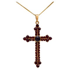 Mid Century 3.45 carat total weight garnet 14k yellow gold cross necklace
