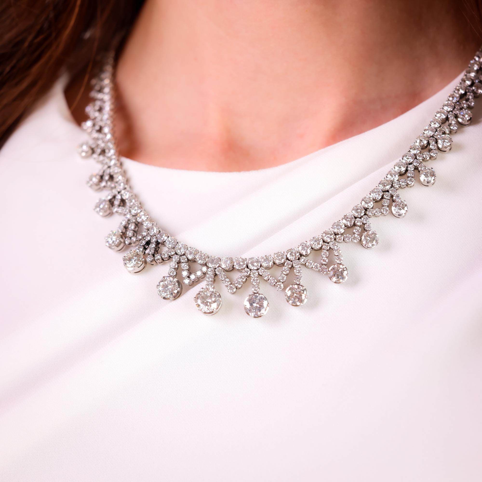 Old European Cut Mid Century 35 carat total weight diamond platinum cocktail necklace For Sale