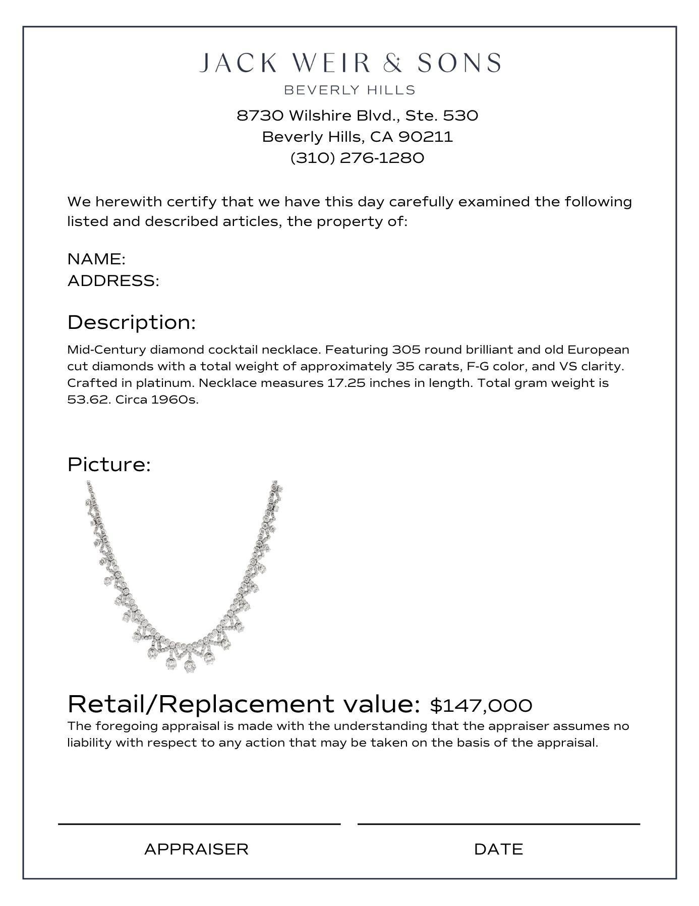 Mid Century 35 carat total weight diamond platinum cocktail necklace In Excellent Condition For Sale In Beverly Hills, CA