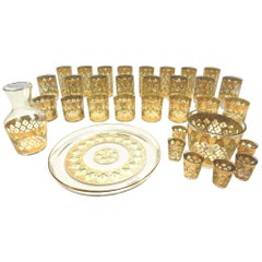 Retro Mid Century 35 Piece Culver Valencia 22 Karat Gold Barware Glasses Set