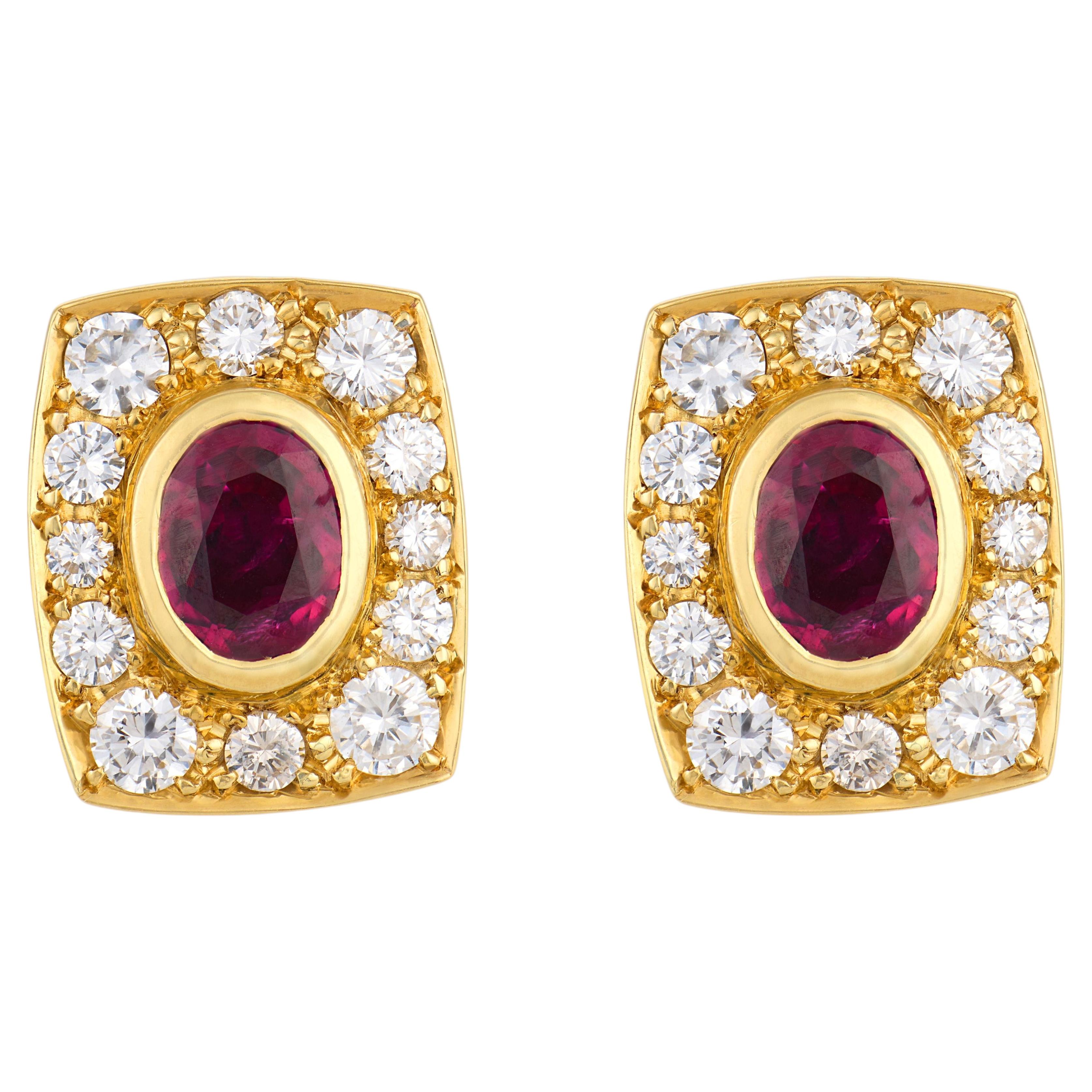 Mid Century 3.50 carat ruby diamond 18k yellow gold earrings