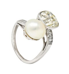 Mid-Century 3.52 CTW Diamond Pinctada Pearl Platinum Toi-Et-Moi Vintage Ring GIA