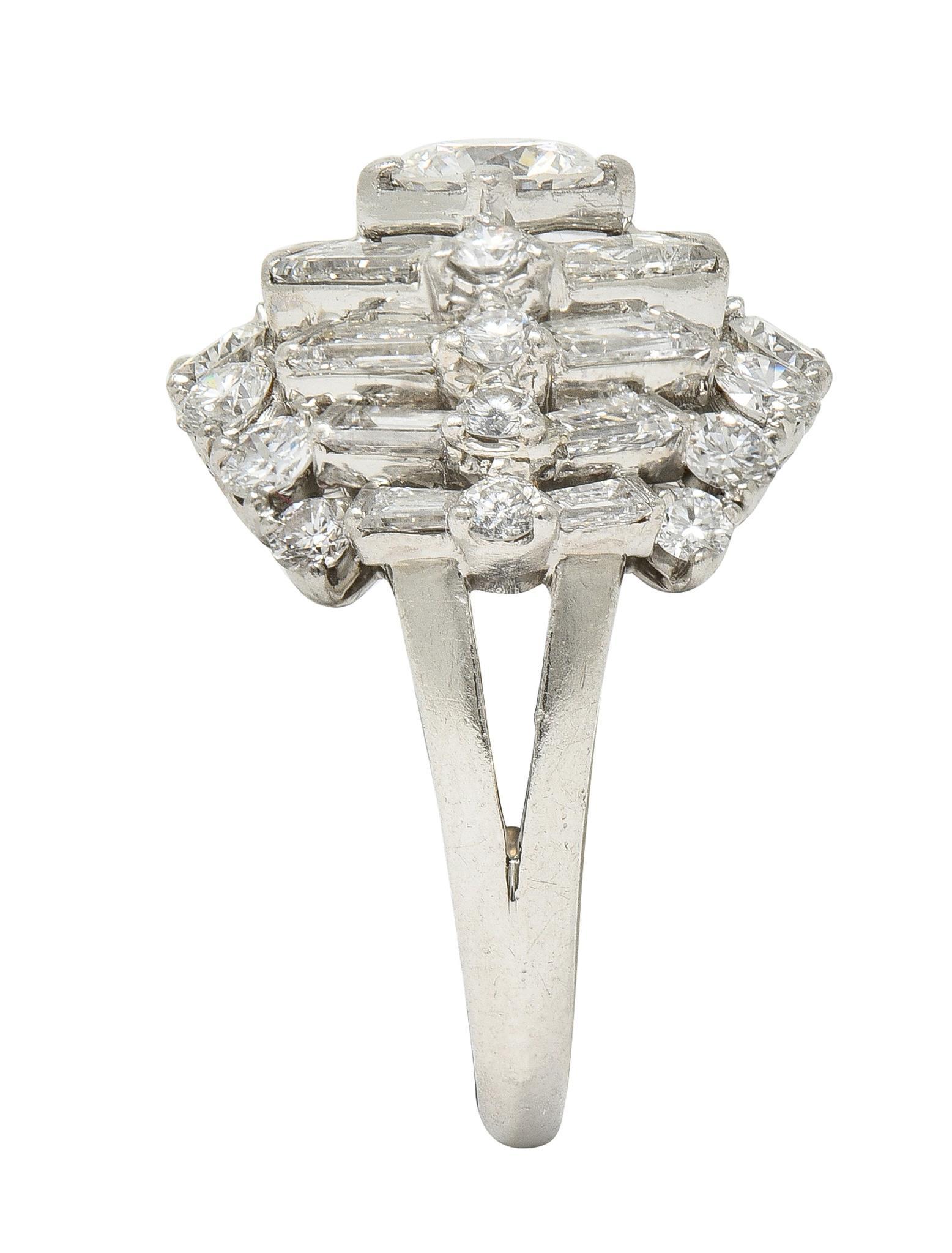 Mid-Century 3.53 CTW Diamond Platinum Stepped Bombé Vintage Dinner Ring For Sale 5