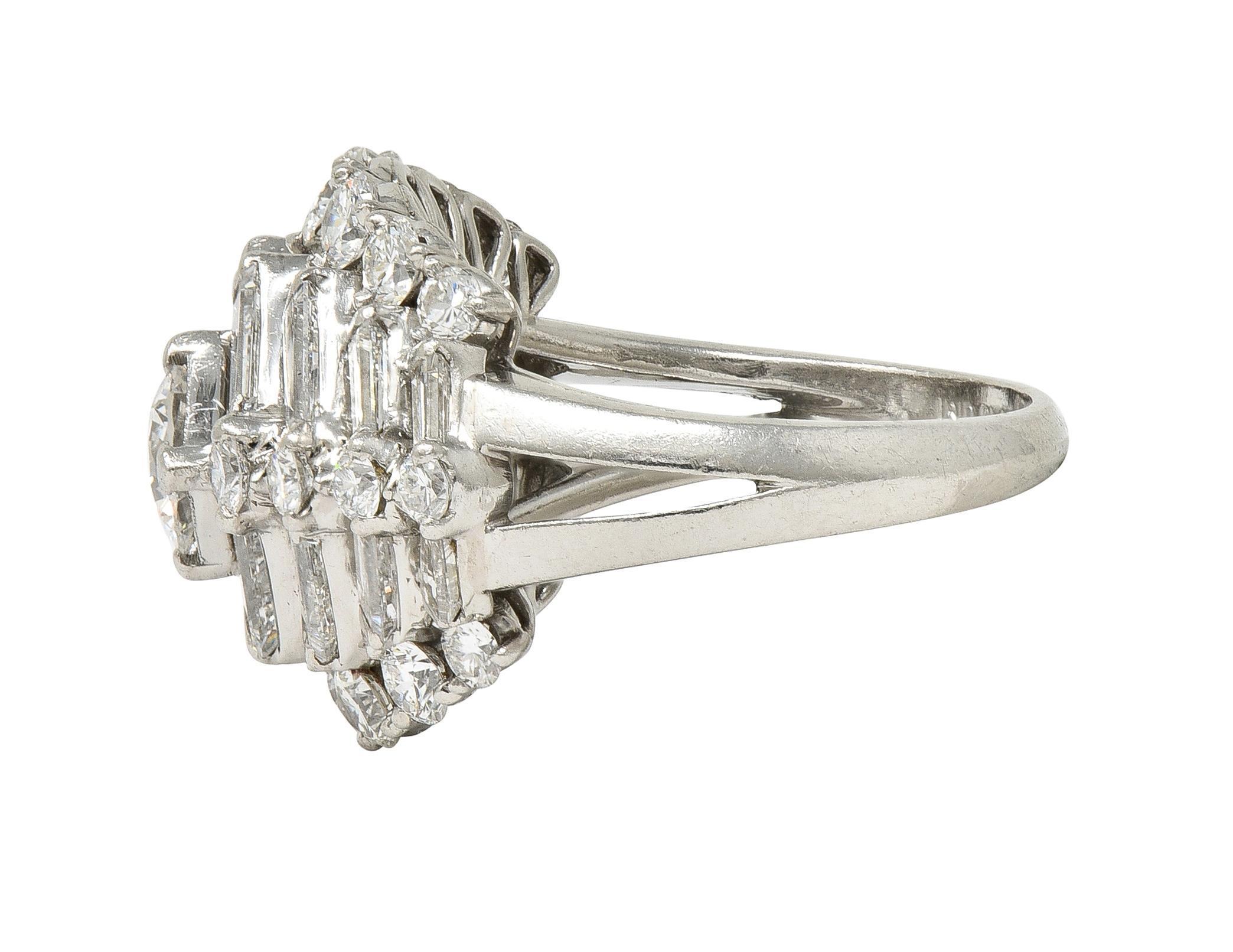 Mid-Century 3.53 CTW Diamond Platinum Stepped Bombé Vintage Dinner Ring For Sale 1