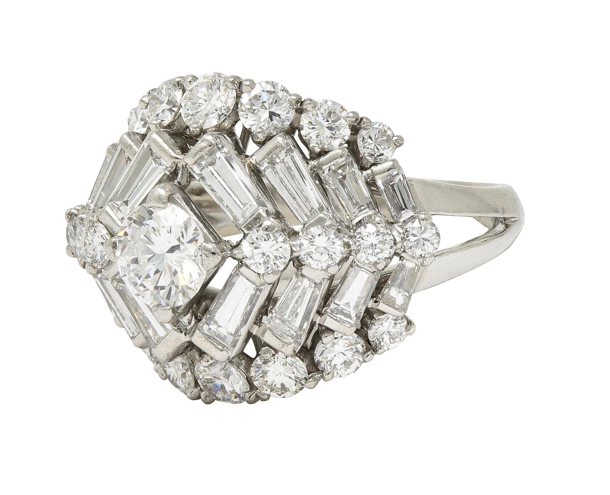 Mid-Century 3.53 CTW Diamond Platinum Stepped Bombé Vintage Dinner Ring For Sale 2
