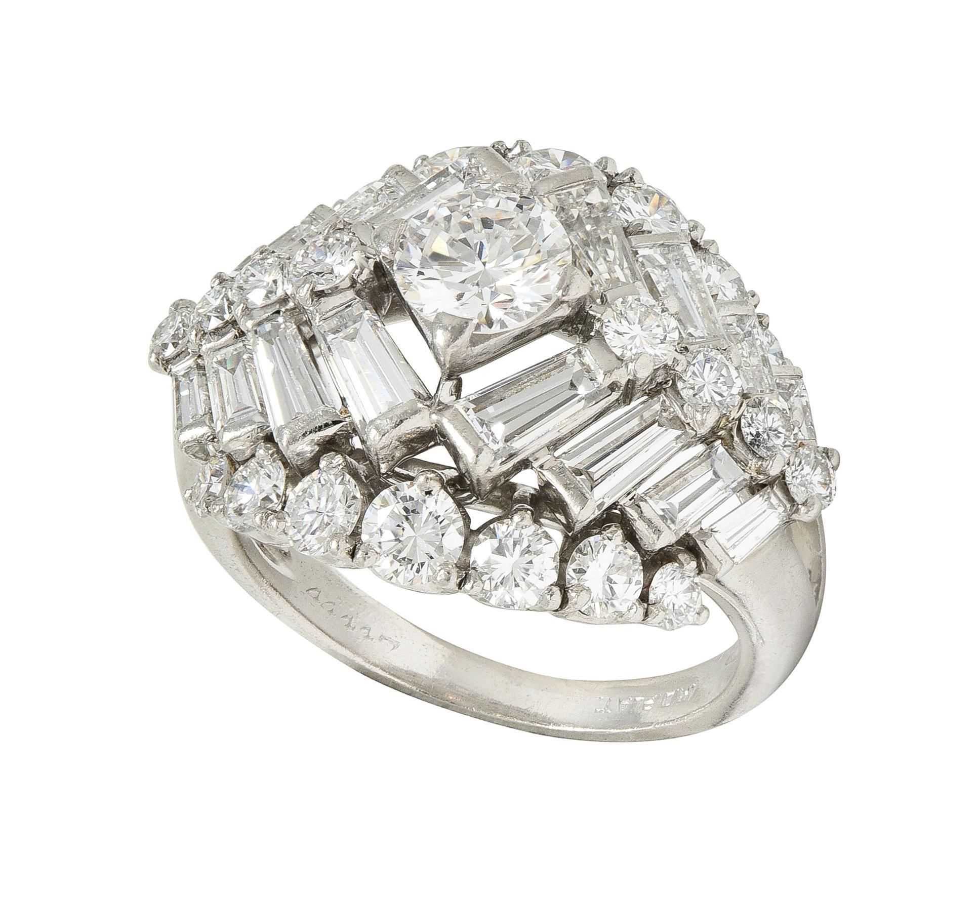 Mid-Century 3.53 CTW Diamond Platinum Stepped Bombé Vintage Dinner Ring For Sale 4