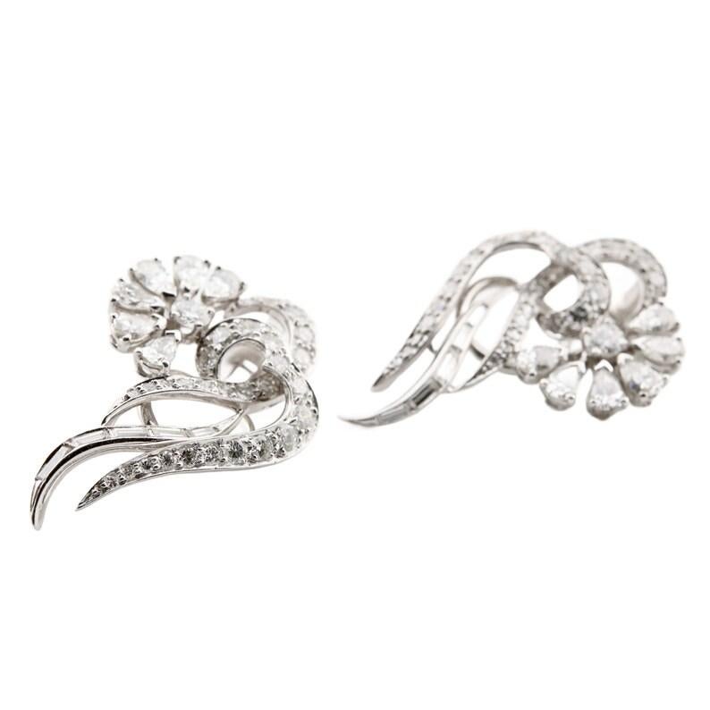Round Cut Mid Century 3.54ctw Platinum & Diamond Abstract Earrings For Sale