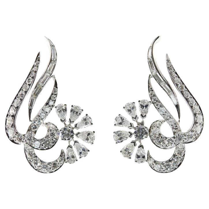 Mid Century 3.54ctw Platinum & Diamond Abstract Earrings For Sale