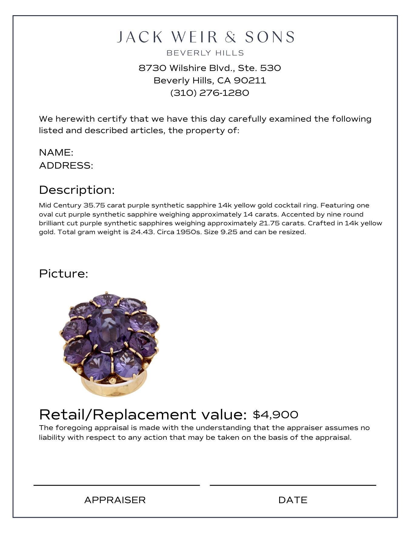 Bague cocktail du milieu du siècle en or jaune 14 carats avec saphir synthétique violet de 35,75 carats Pour femmes en vente