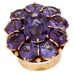 Mid Century 35.75 carat purple synthetic sapphire 14k yellow gold cocktail ring