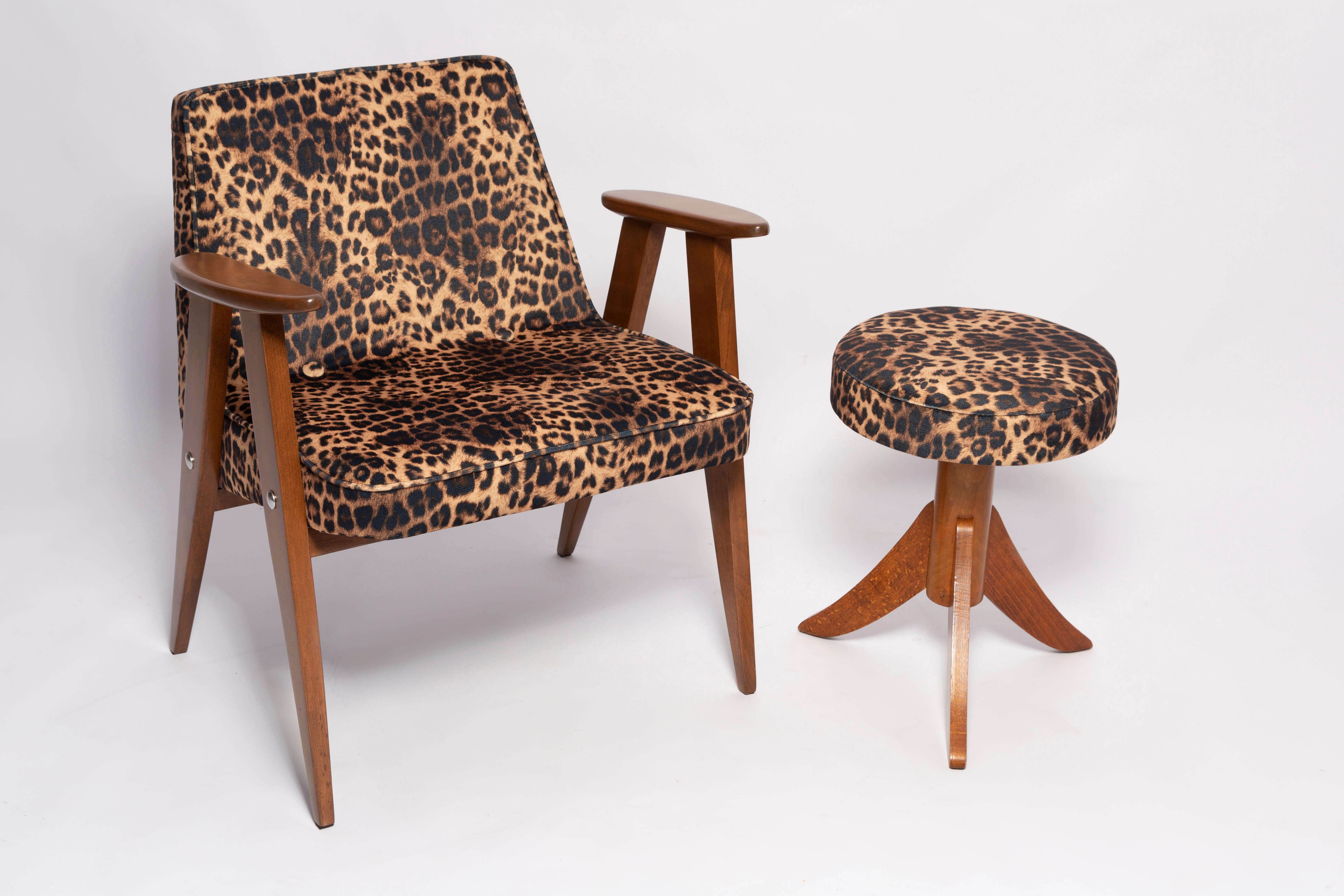 Polish Mid-Century 366 Armchair and Stool in Leopard Velvet, by Chierowski, Europe 1960s For Sale